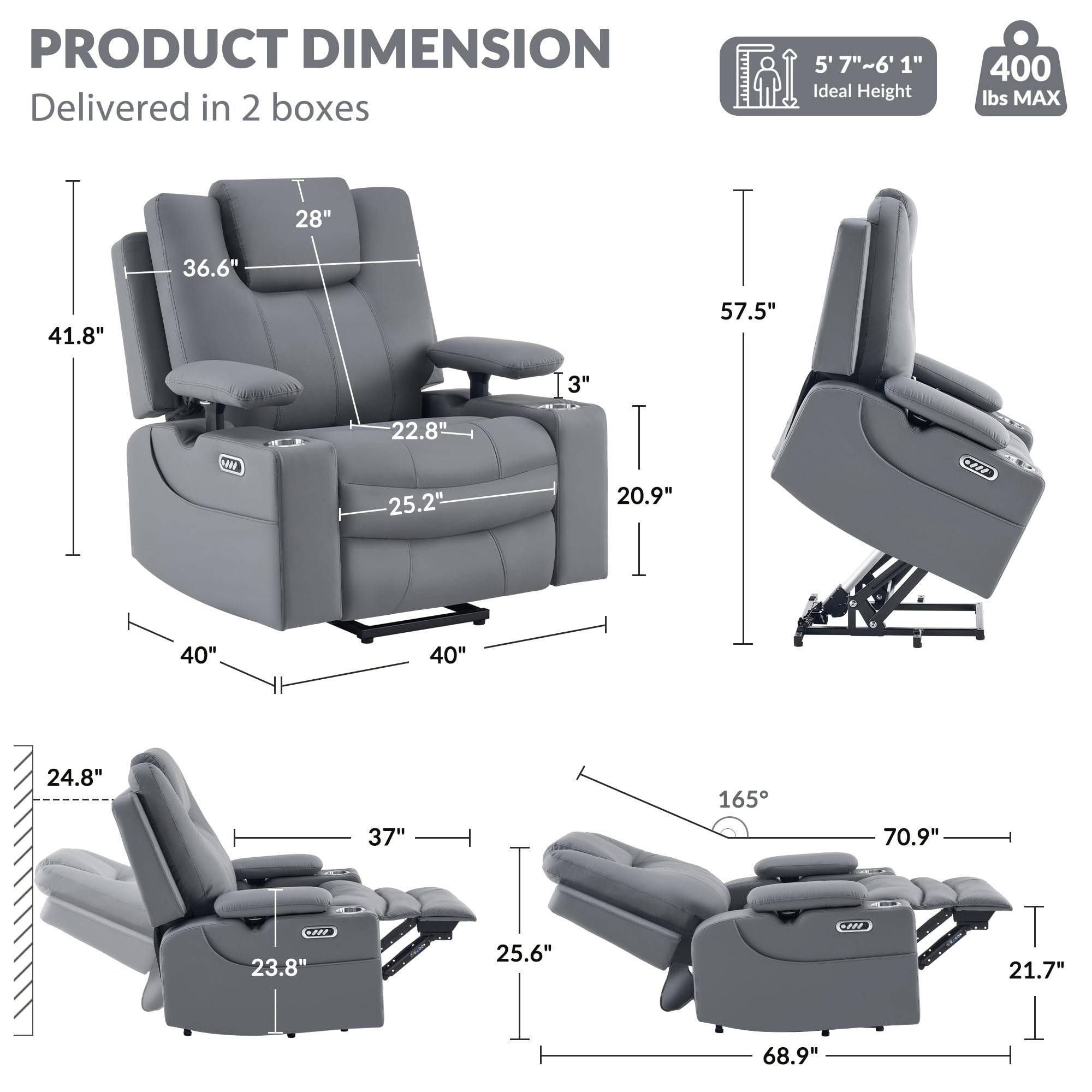 GRAINELL 4-Motor Power Lift Recliner Chair with Independent Backrest & Footrest Adjustment, Adjustable Headrest & Armrests, Massage & Heat for Elderly, USB, Cup Holders, Leather Grey
