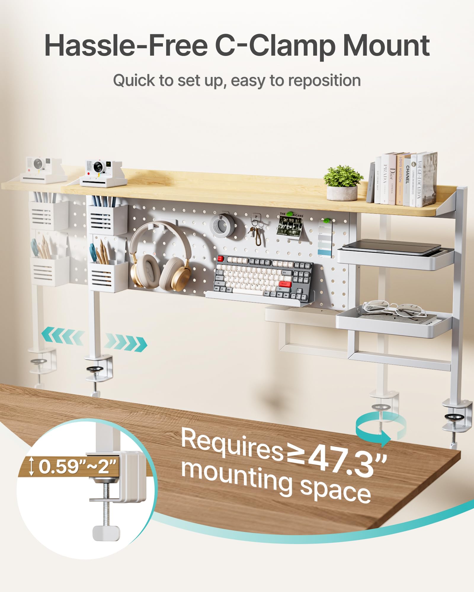 Clamp-On Desk Shelf with Pegboard & 2-Tier Organizer