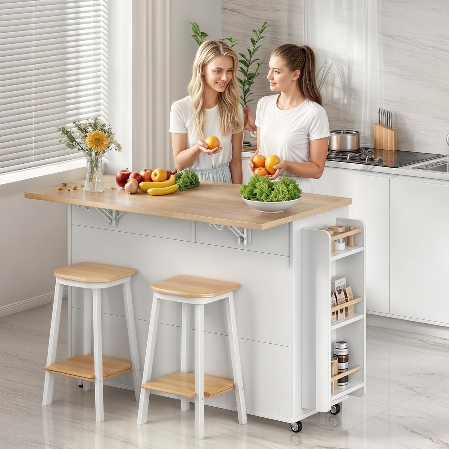 LotaTools 53.9" Rolling Kitchen Island Cart with Drop Leaf & Storage - Mobile Kitchen Organizer with Wheels, Rubberwood Top, Trash Bin Cabinet & Towel Rack, White Farmhouse Style for Small Spaces