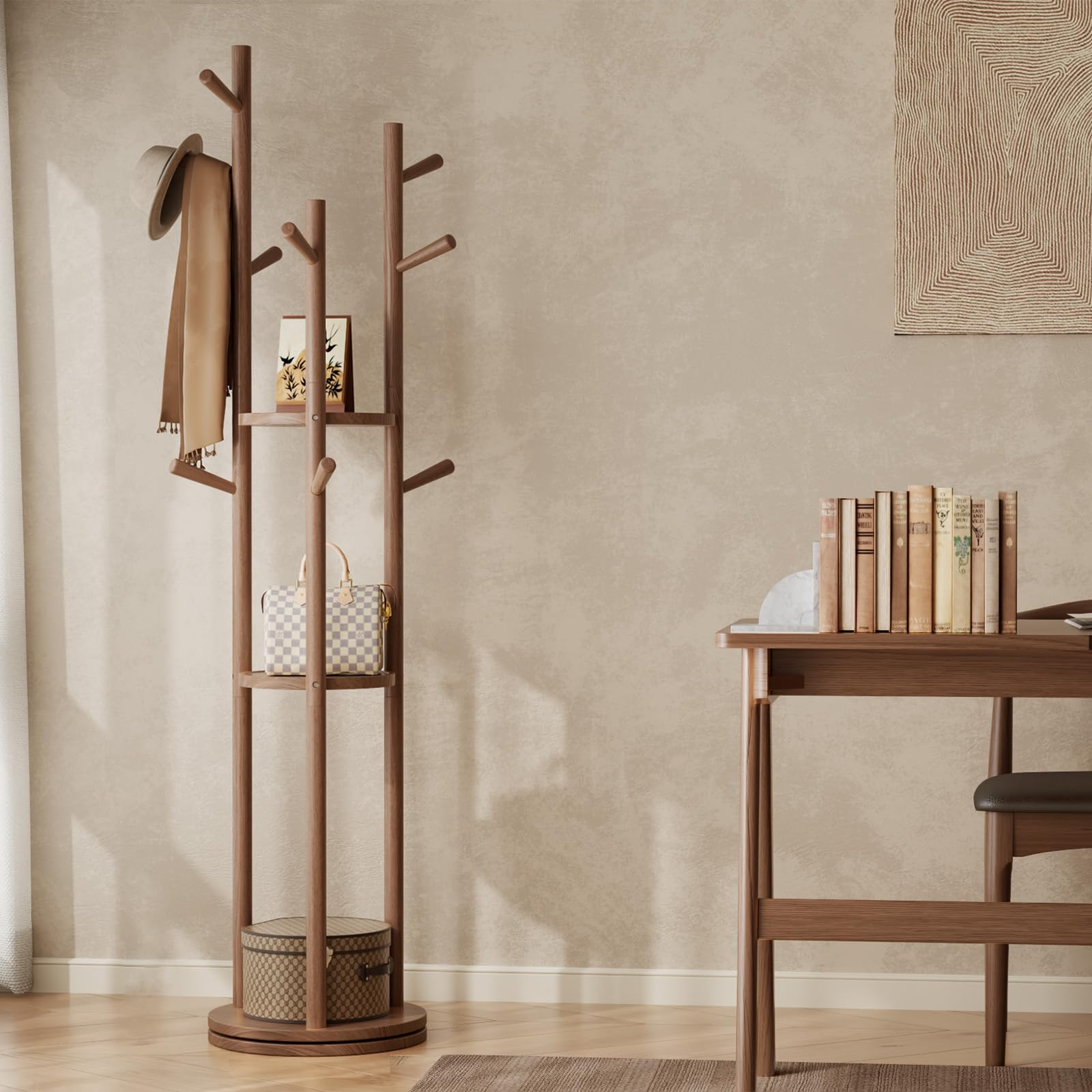 Rotating Wood Coat Rack with Shelves & Hooks