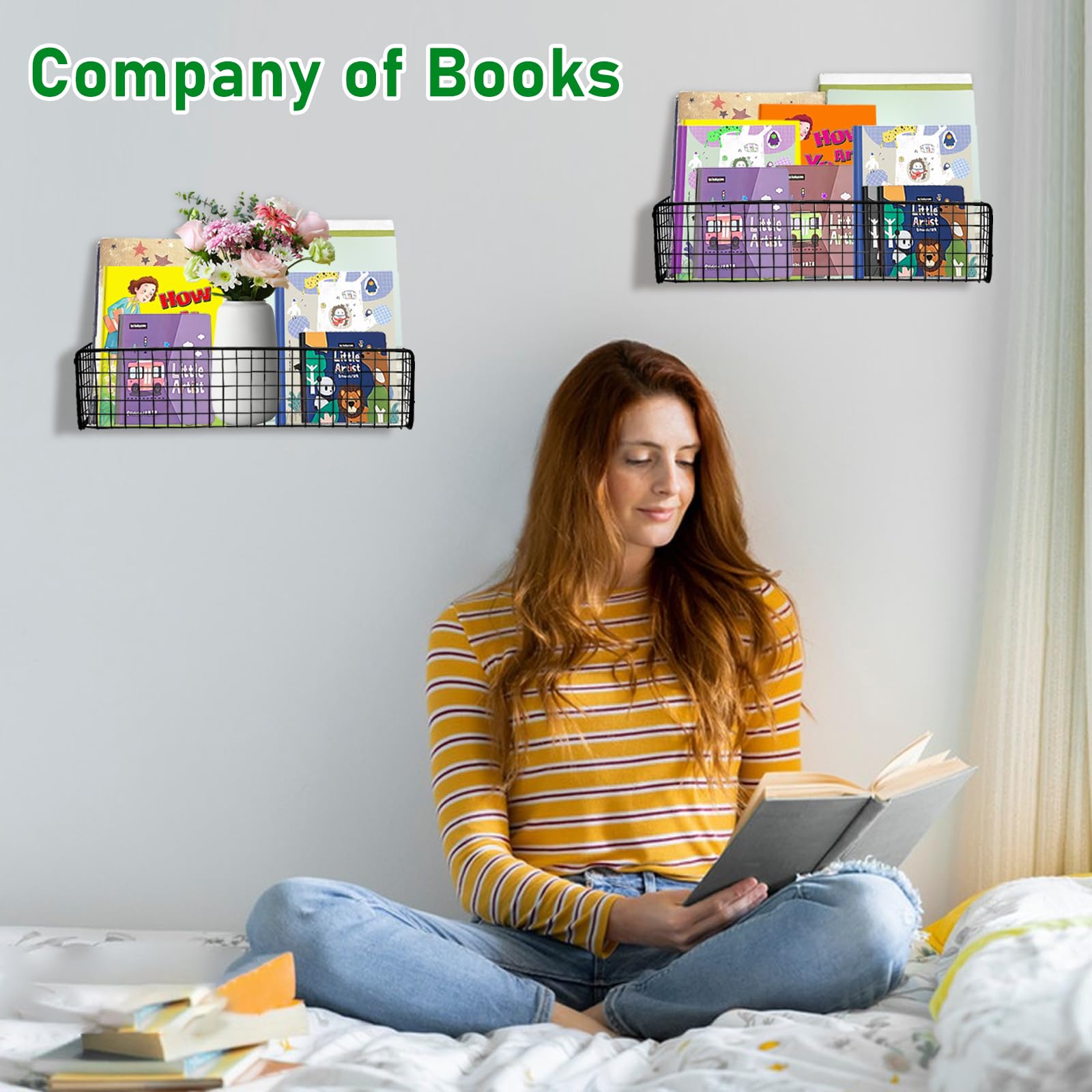 Wensdr 5-Pack Black Metal Wall Mounted Kids Bookshelf, Modern Style, 5 Shelves, Hanging Book Shelf Organizer for Kids Room, Bedroom, Kitchen, Nursery