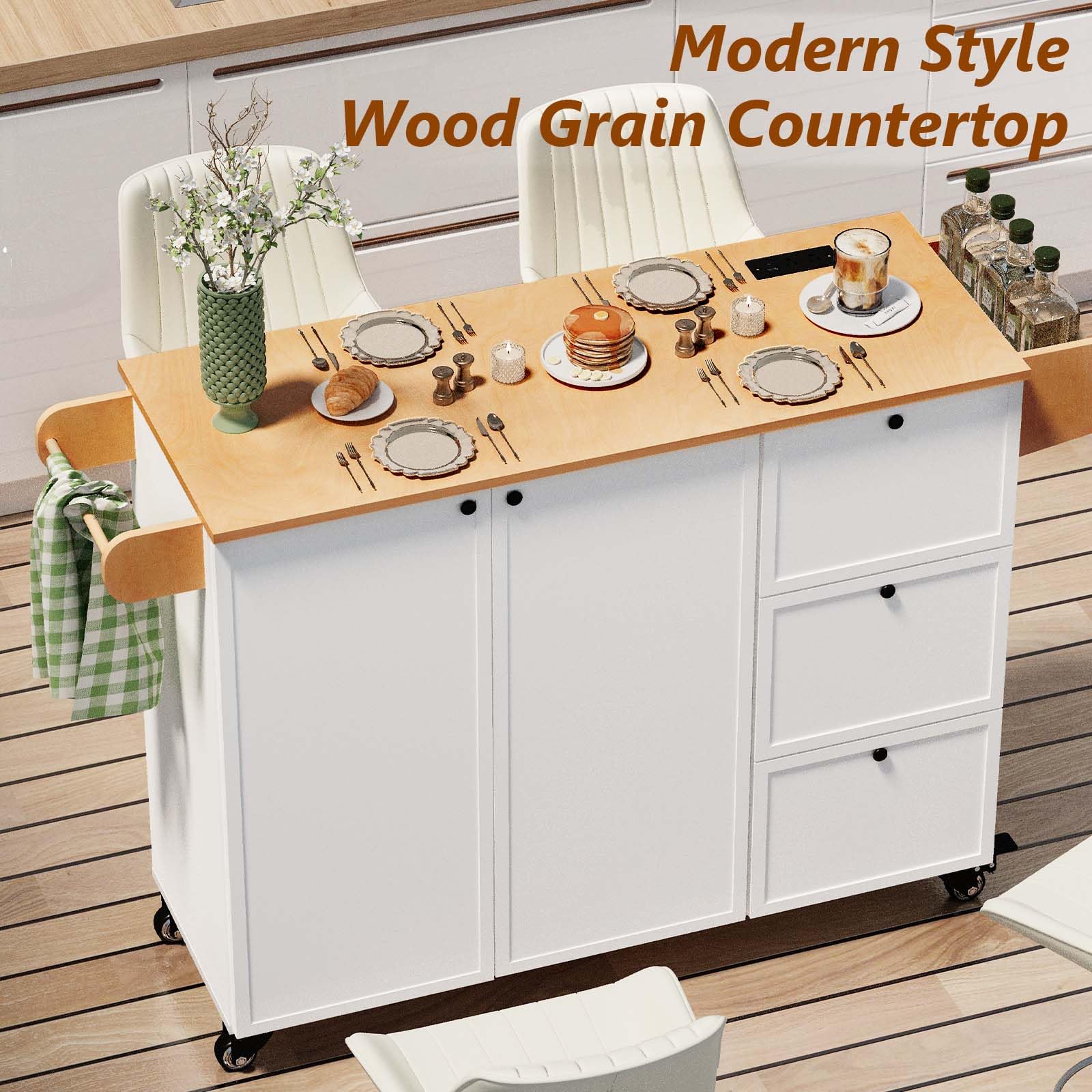 Kitchen Island with Storage, Rolling Kitchen Island on Wheels with Drawers and Doors, Mobile Kitchen Island with Towel Rack and Spice Rack, Wood Top Kitchen Cart with Power Outlet for Kitchen (White)
