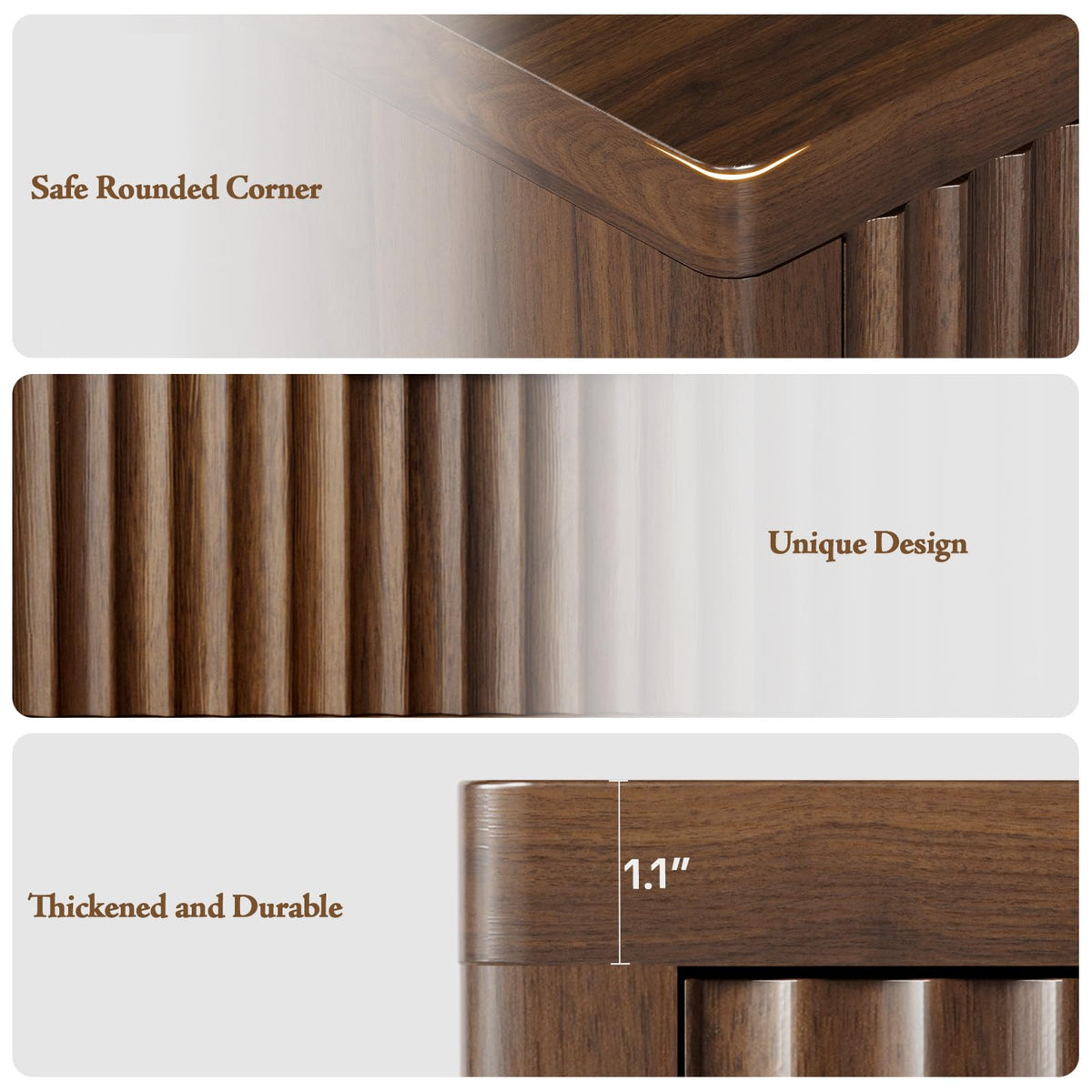 LOOMORA Fluted Nightstand with 3 Drawers, Night Stand, Walnut