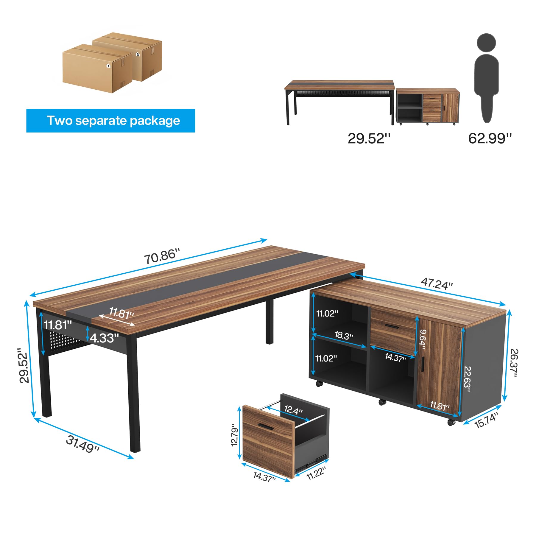Tribesigns 71 Inch Executive Desk, L-Shaped Desk with Mobile File Cabinet, Executive Office Table with 2 Drawers and Storage Shelves, Business Furniture Workstation for Home Office, Walnut and Black