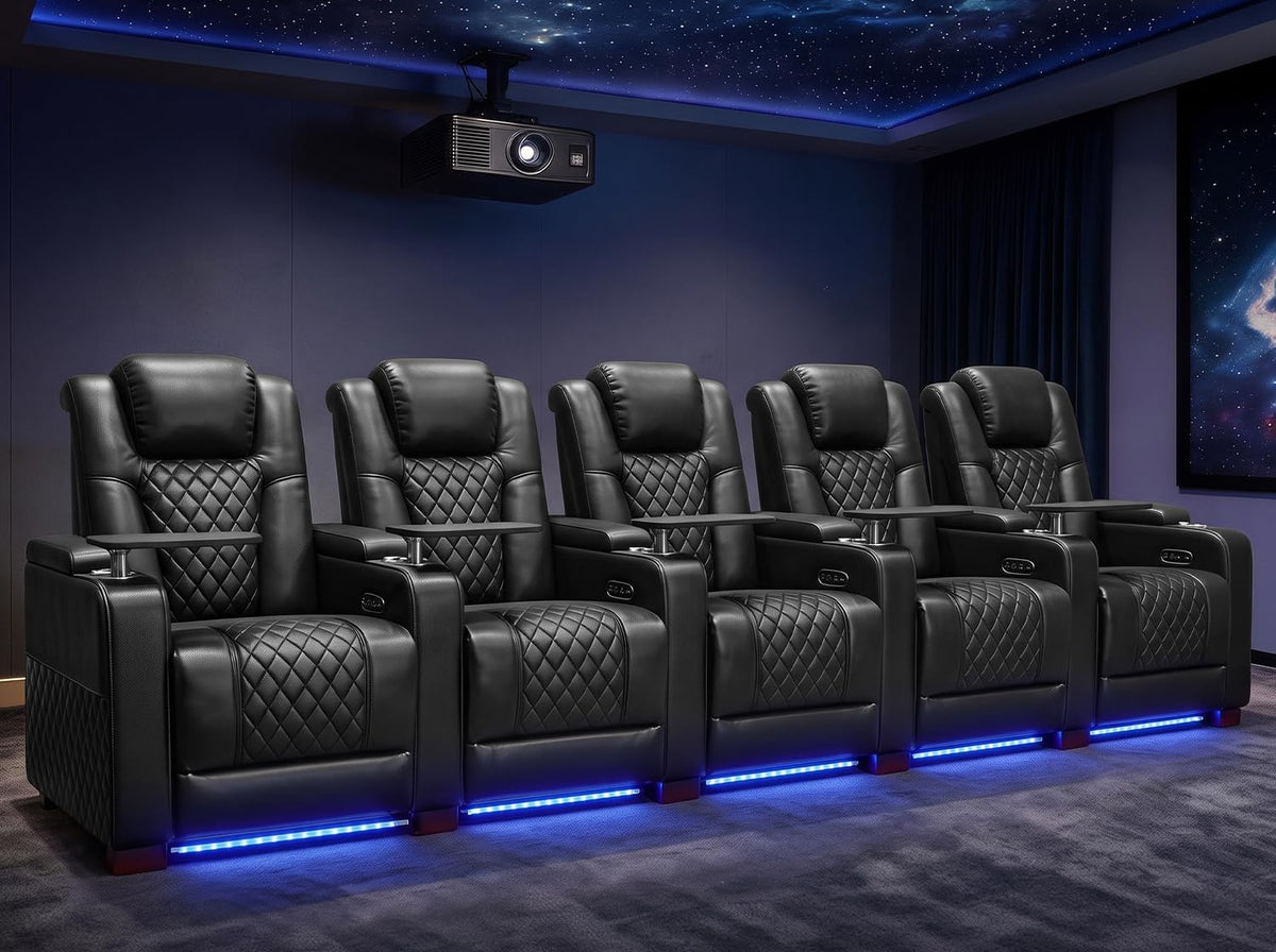 MBBMW Home Theater Seating, 5 Seat Power Recliner Sofa, Large Faux Leather Movie Couch with Adjustable Headrest, Ambient LED Lighting, USB Ports, Cup Holders and Hidden Arm Storage for Living Room