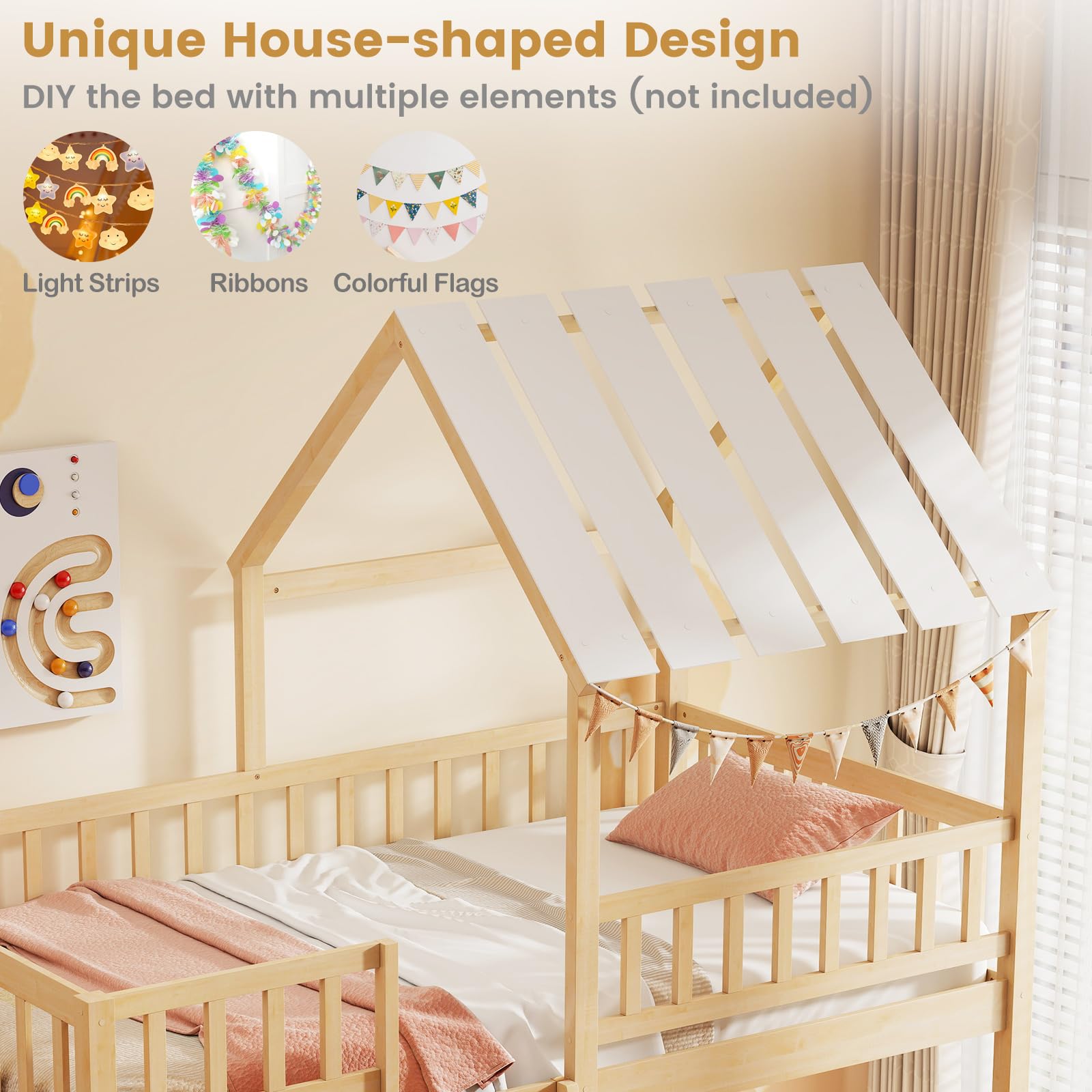 Twin Over Twin House Bunk Bed with Roof & Guardrails