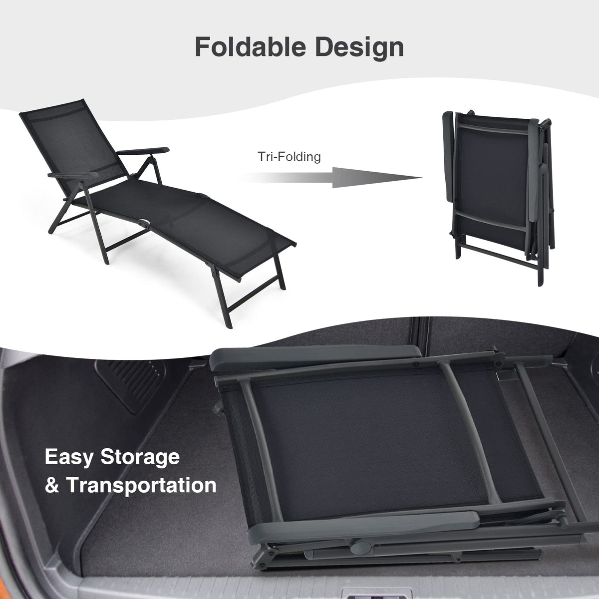 COSTWAY Folding Chaise Lounge, Lightweight & Breathable Fabric