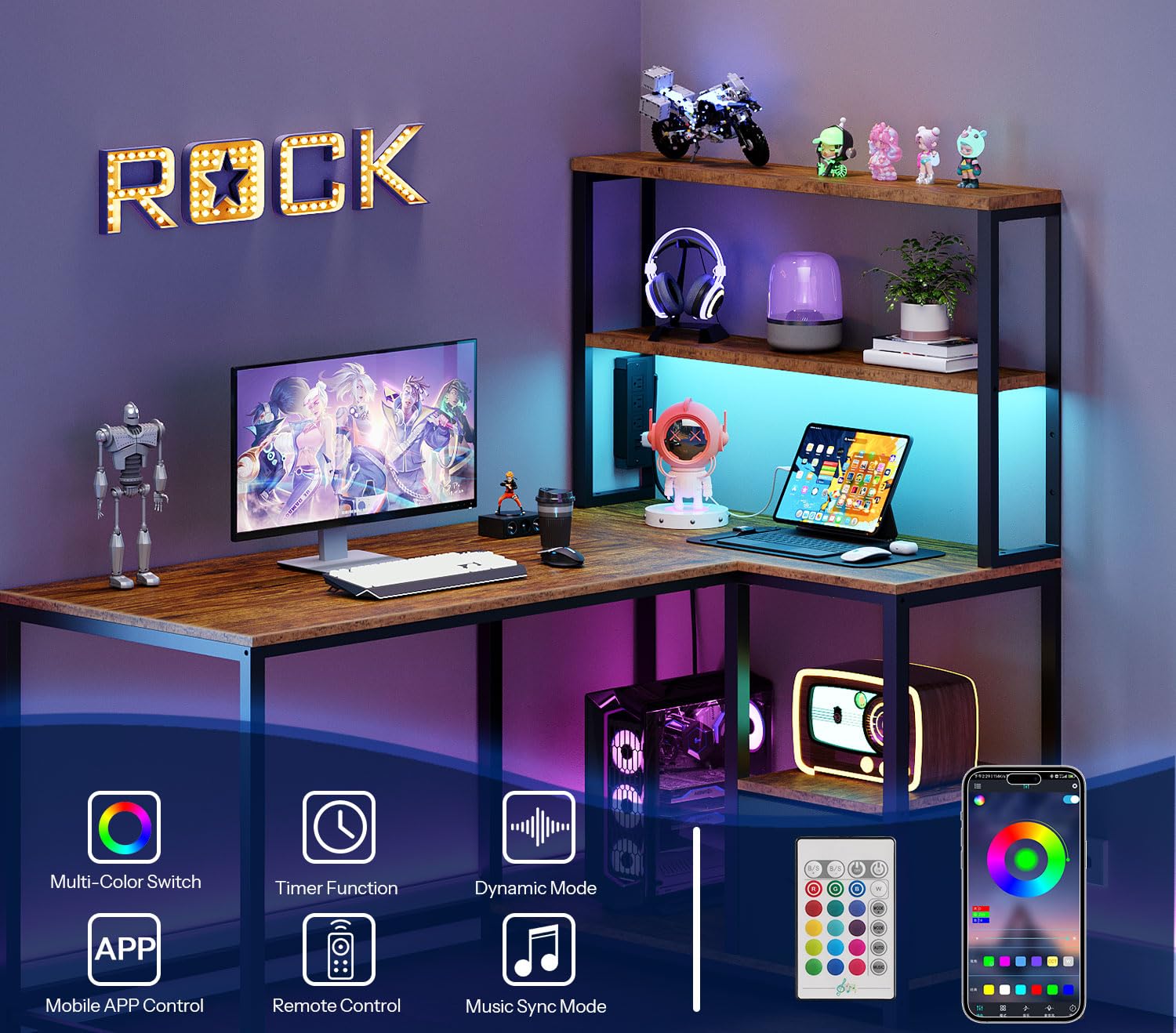 L-Shaped Desk with 4 Drawers, LED Lights & Power Outlet, 47 Inch