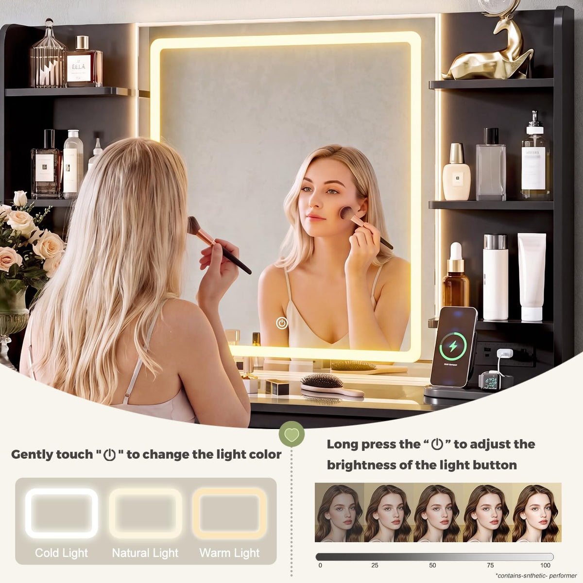 Black Fluted Makeup Vanity with LED Mirror