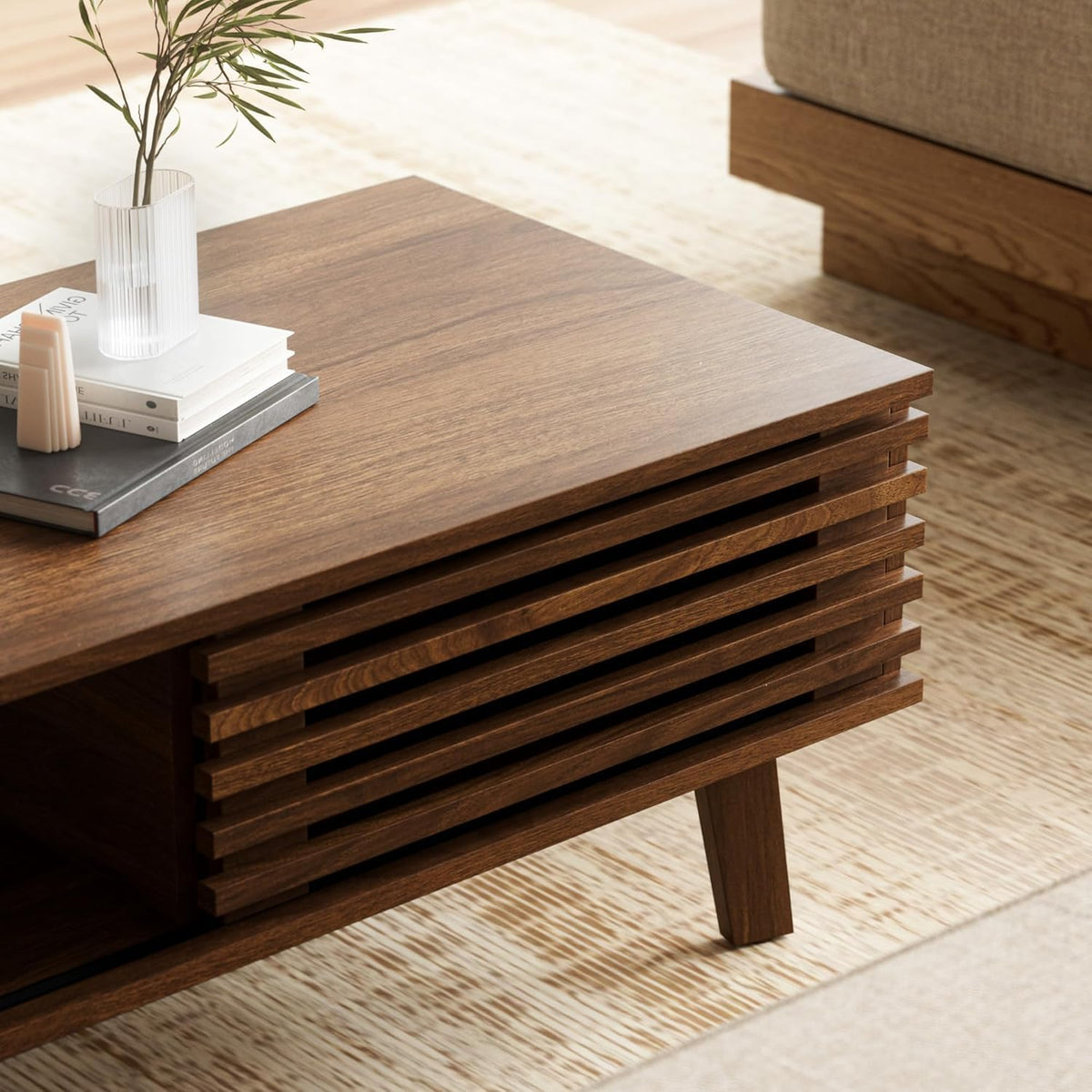 Furniway Mid Century Coffee Table Set, Living Room Table Set of 3 with Sliding Door Storage, Coffee Table and 2 End Tables, Walnut