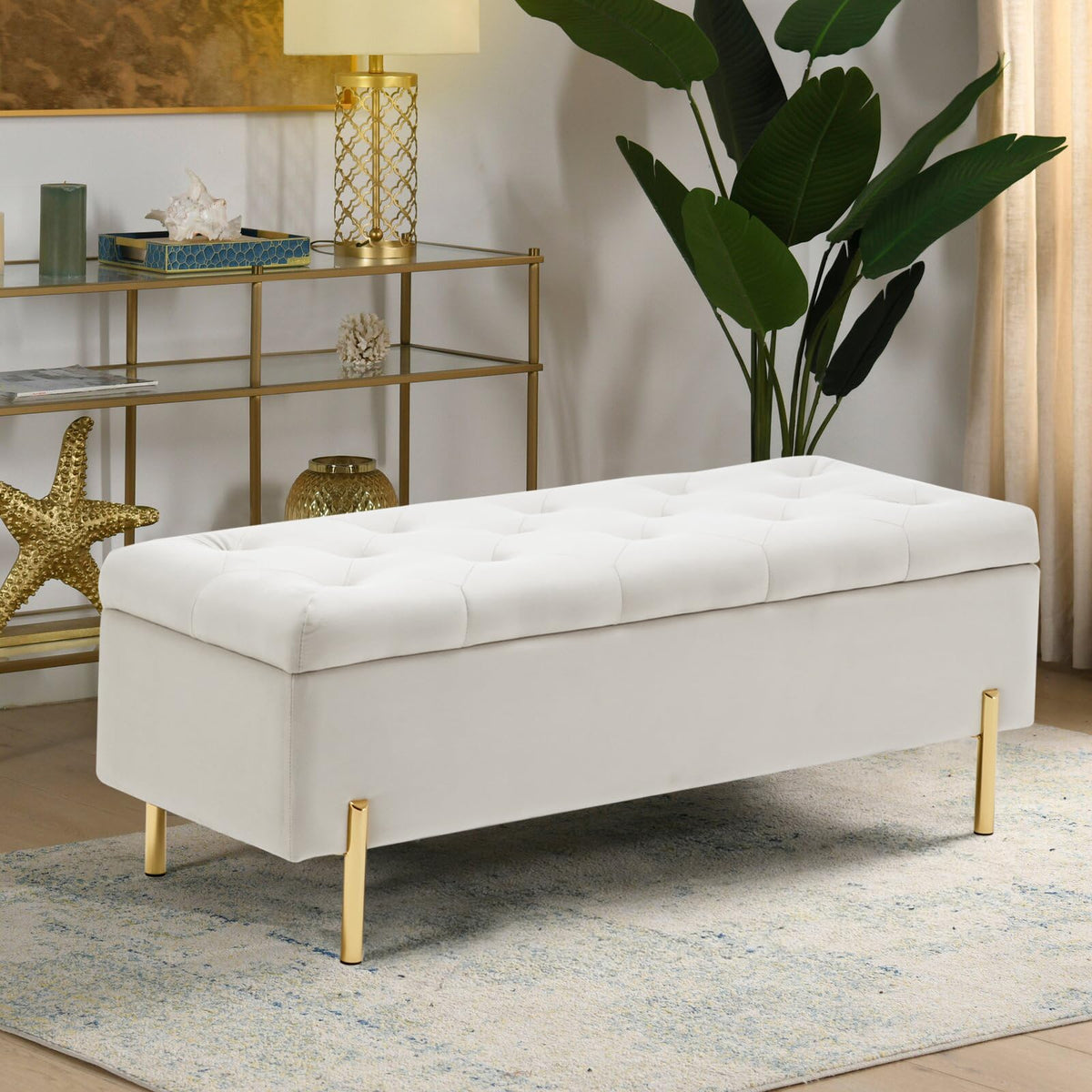 Ivory Velvet Storage Bench