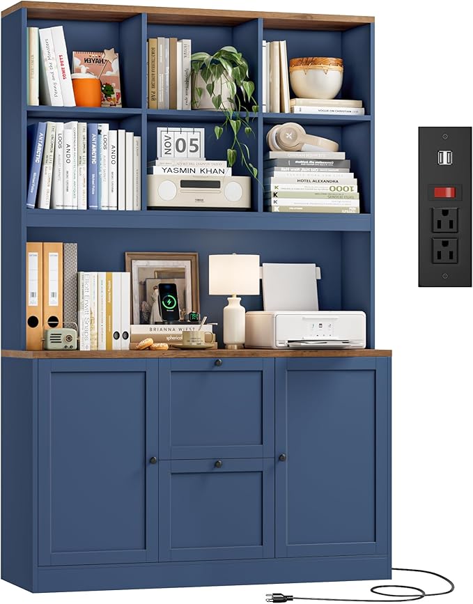 72" Tall Bookcase with Power Outlet & File Drawers