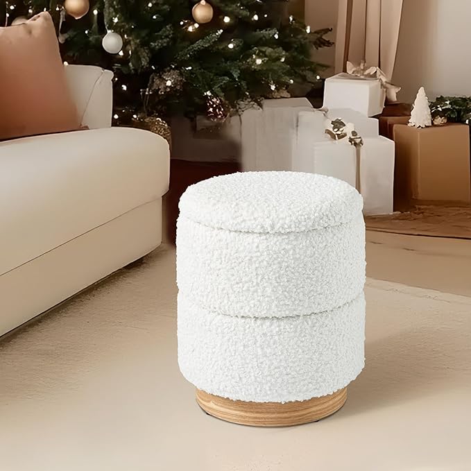Round Storage Ottoman with Boucle Fabric