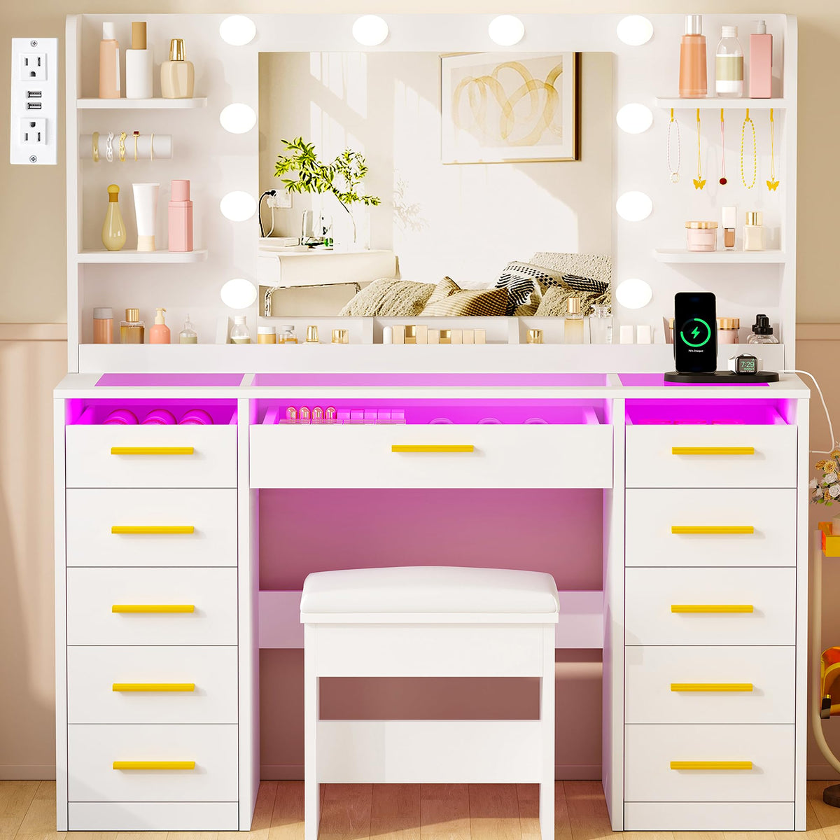 11-Drawer RGB Makeup Vanity with Mirror