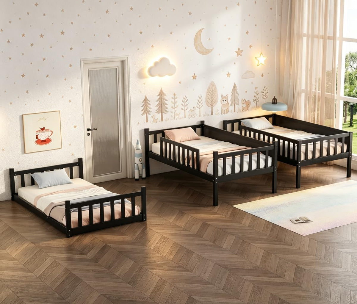 Bellemave Twin Over Twin Over Twin Triple Beds for 3 Kids, Wood 3 Bunk Beds, Espresso
