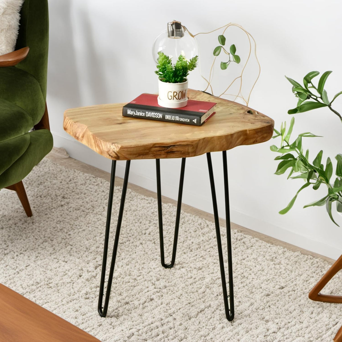 WELLAND Live Edge Cedar End Table with Hairpin Legs, 20.5" H