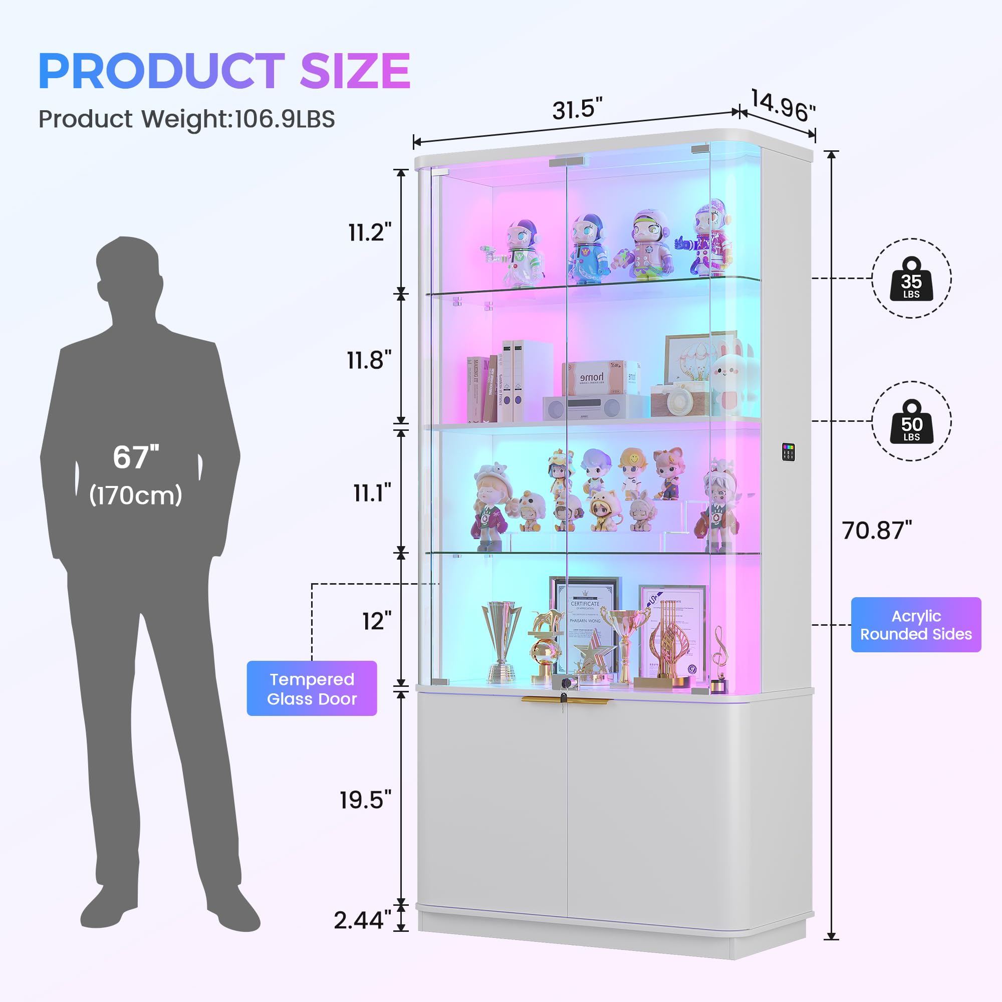 71" Tall RGB LED Display Cabinet with Glass Doors