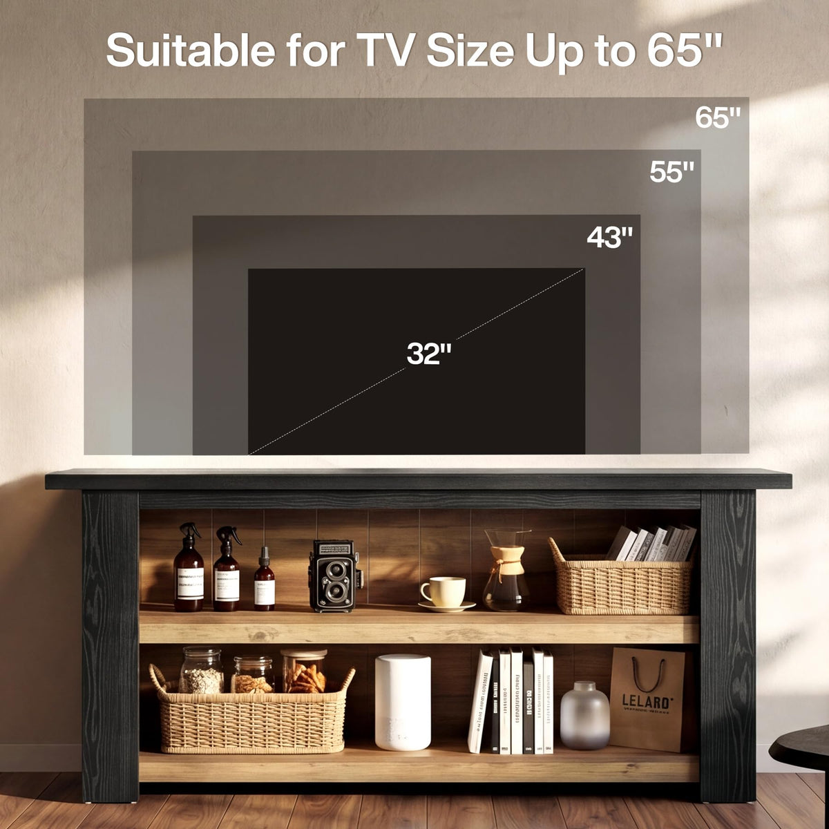 Tribesigns Wooden TV Stand for 65 Inch TV, Black Entertainment Center