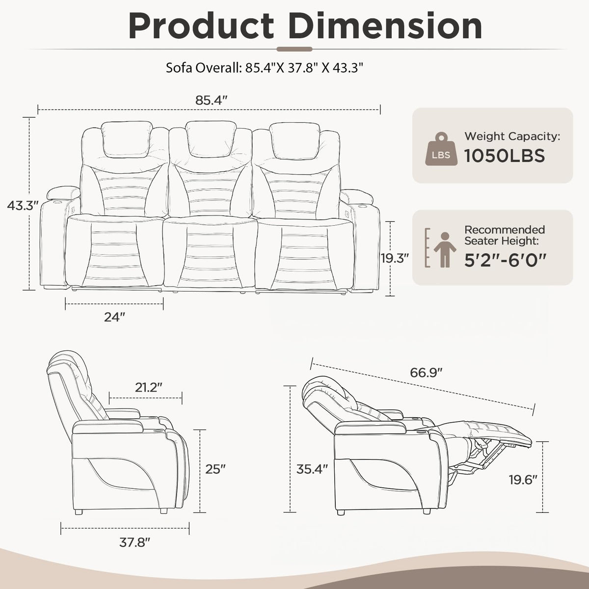URRED Home Theater Seating Breathable Leather Power Recliner Sofa，Black