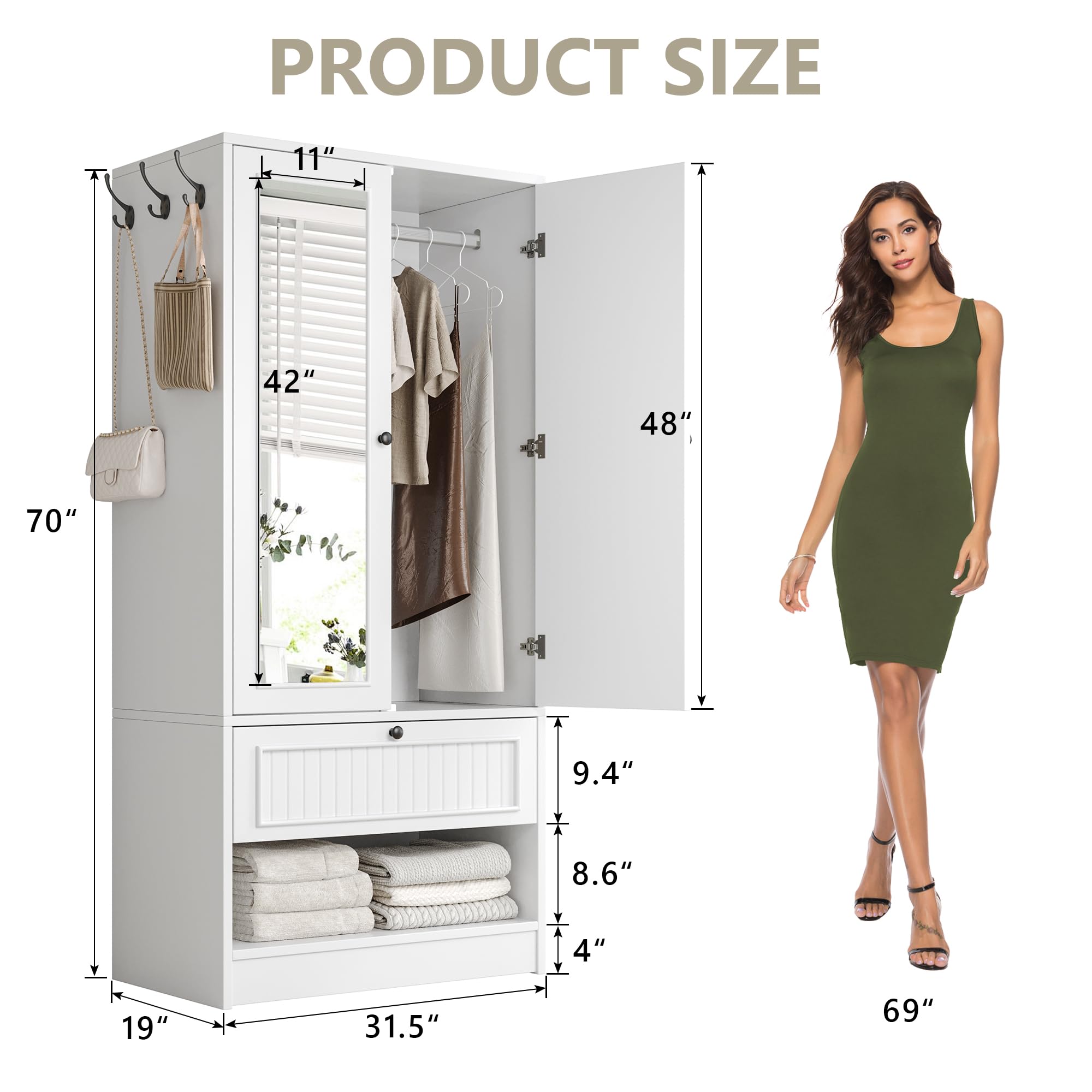 Einhomn 70" Armoire Wardrobe Closet with Doors & Mirror,Wooden Wardrobe with Drawers and 3 Side Hooks,Large Freestanding Bedroom Storage Wardrobe Cabinet,White