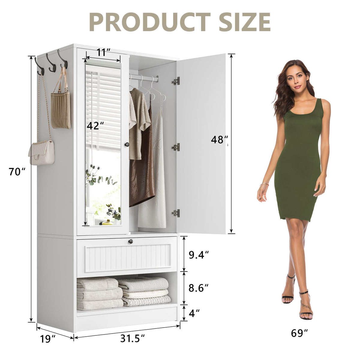 Einhomn 70" Armoire Wardrobe Closet with Doors & Mirror,Wooden Wardrobe with Drawers and 3 Side Hooks,Large Freestanding Bedroom Storage Wardrobe Cabinet,White