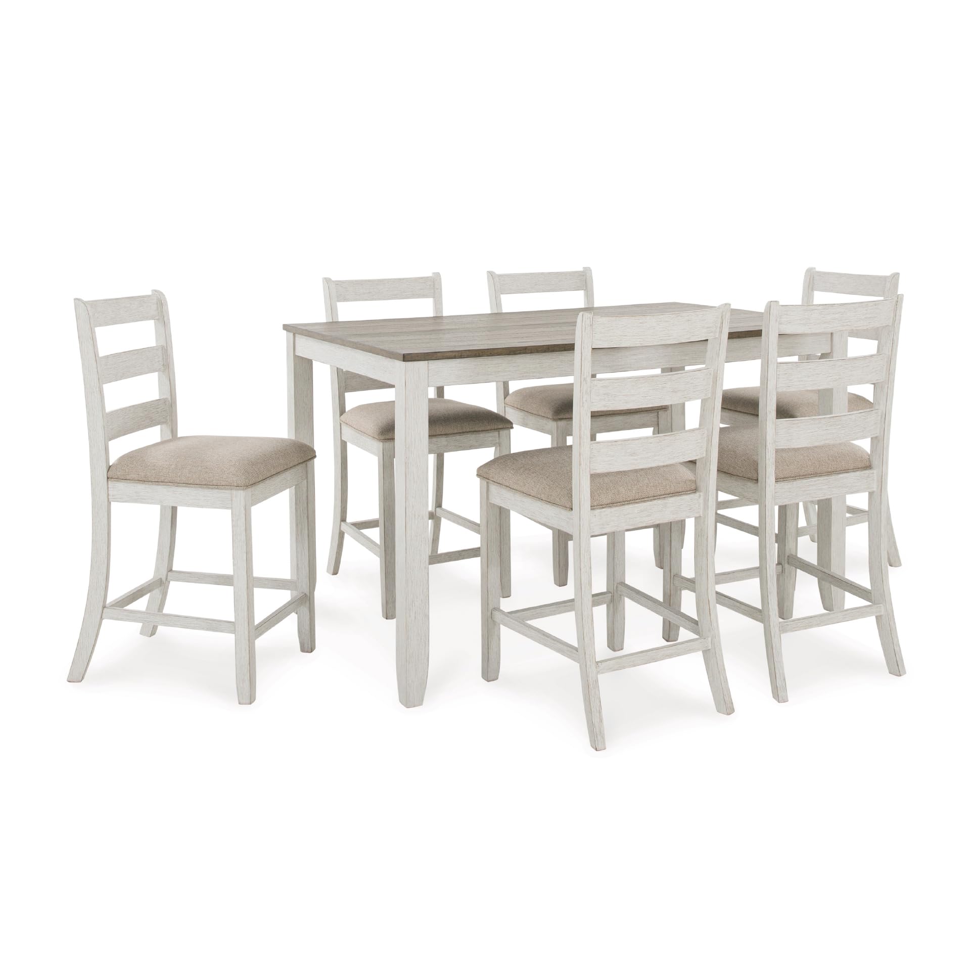 Signature Design by Ashley Skempton Modern Farmhouse Counter Height Dining Table and Upholstered Bar Stools, Set of 7, White & Light Brown