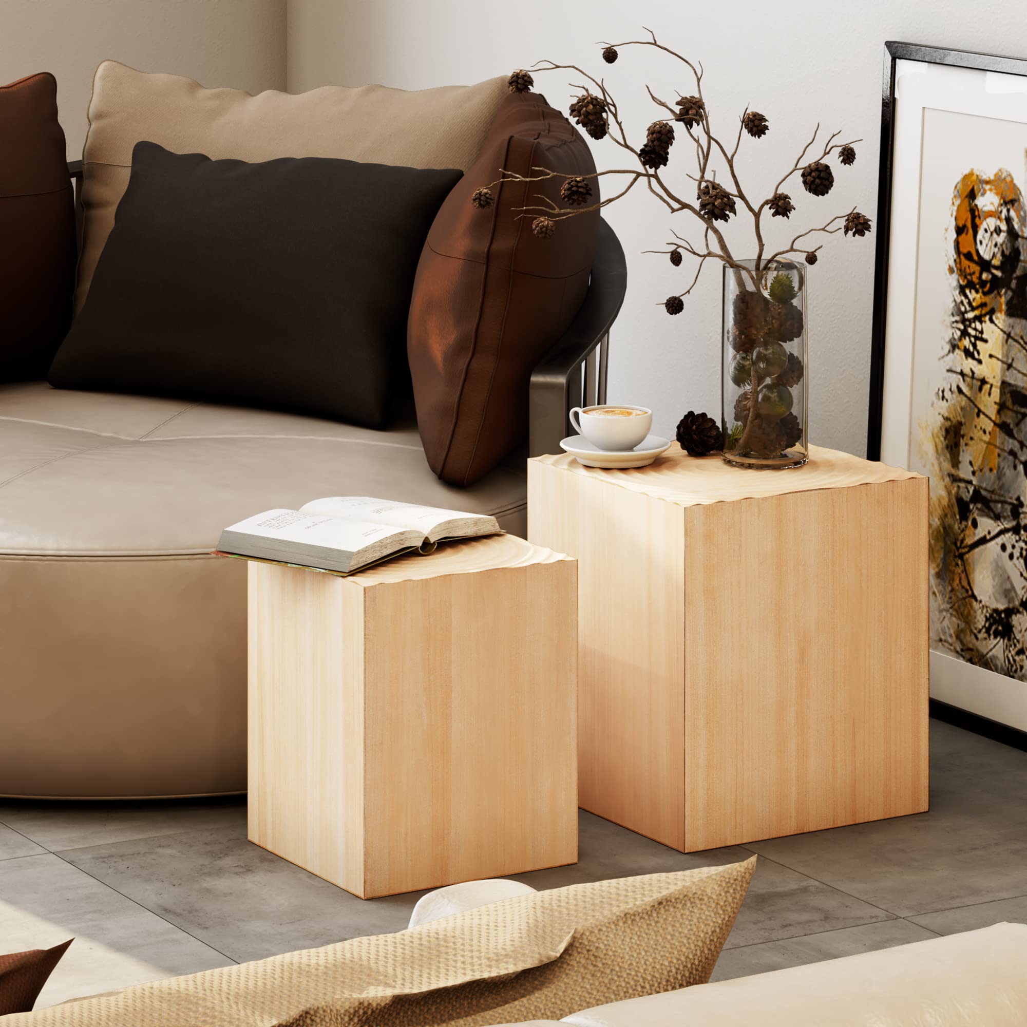 Wood Tree Ring Drum End Tables – Set of 2, Fully Assembled
