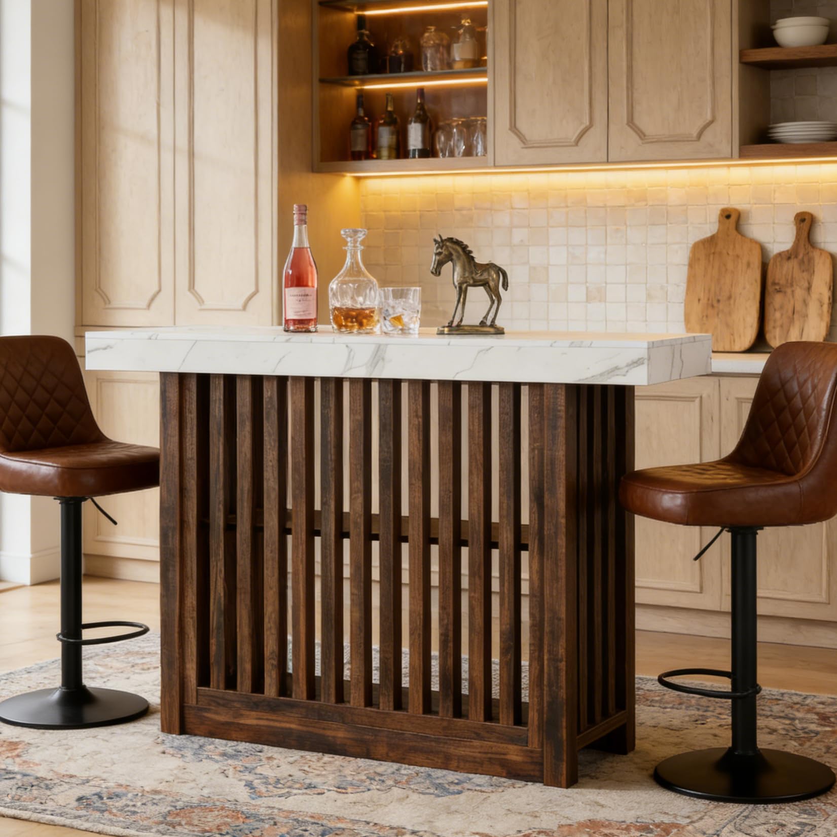 GarveeHome 63" Long Bar Table - Counter Bar Height Pub Table with 2 Tier Storage Shelves, Modern Coffee Breakfast Bar Unit for Dining Room, Bistro, Living Room, White + Walnut