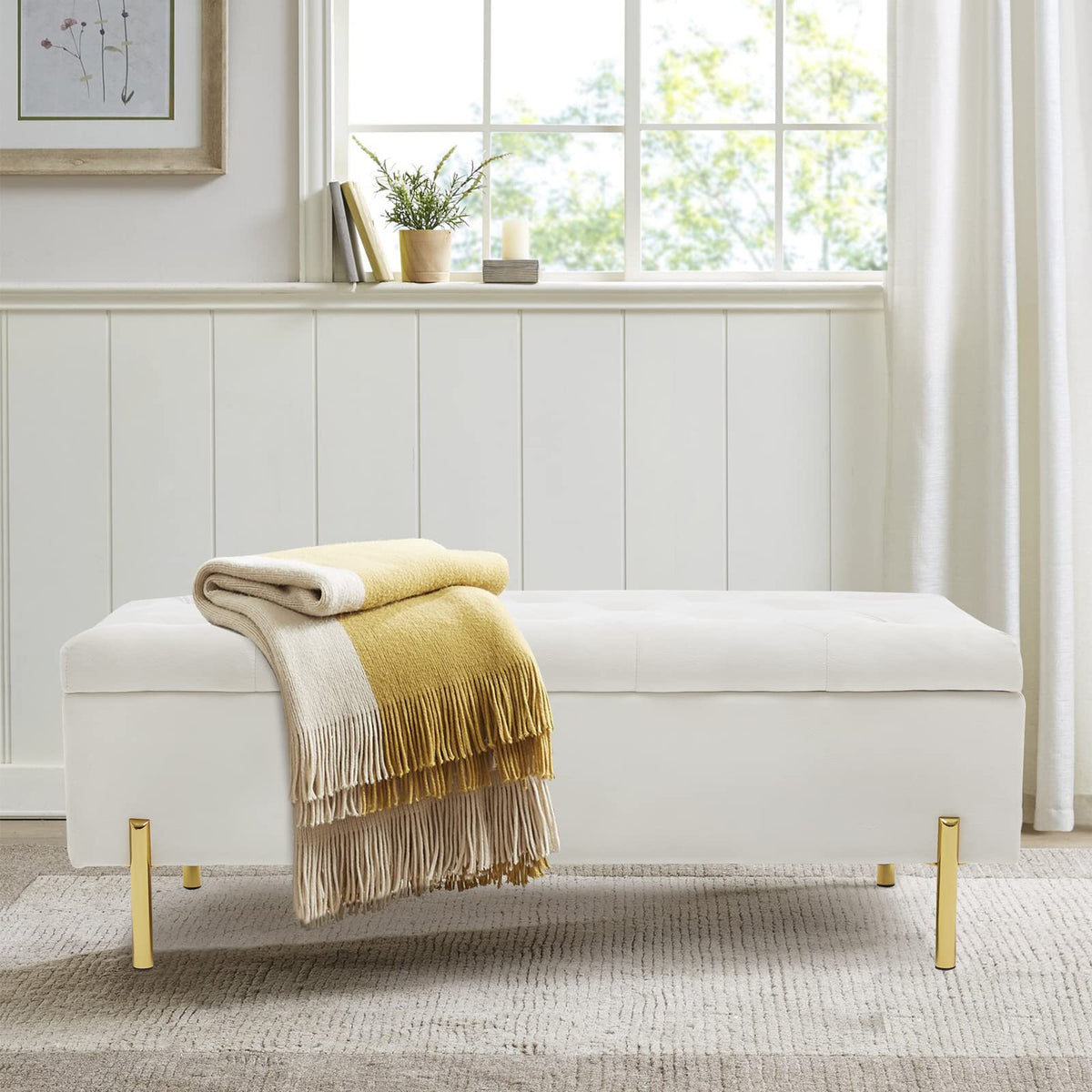 Ivory Velvet Storage Bench