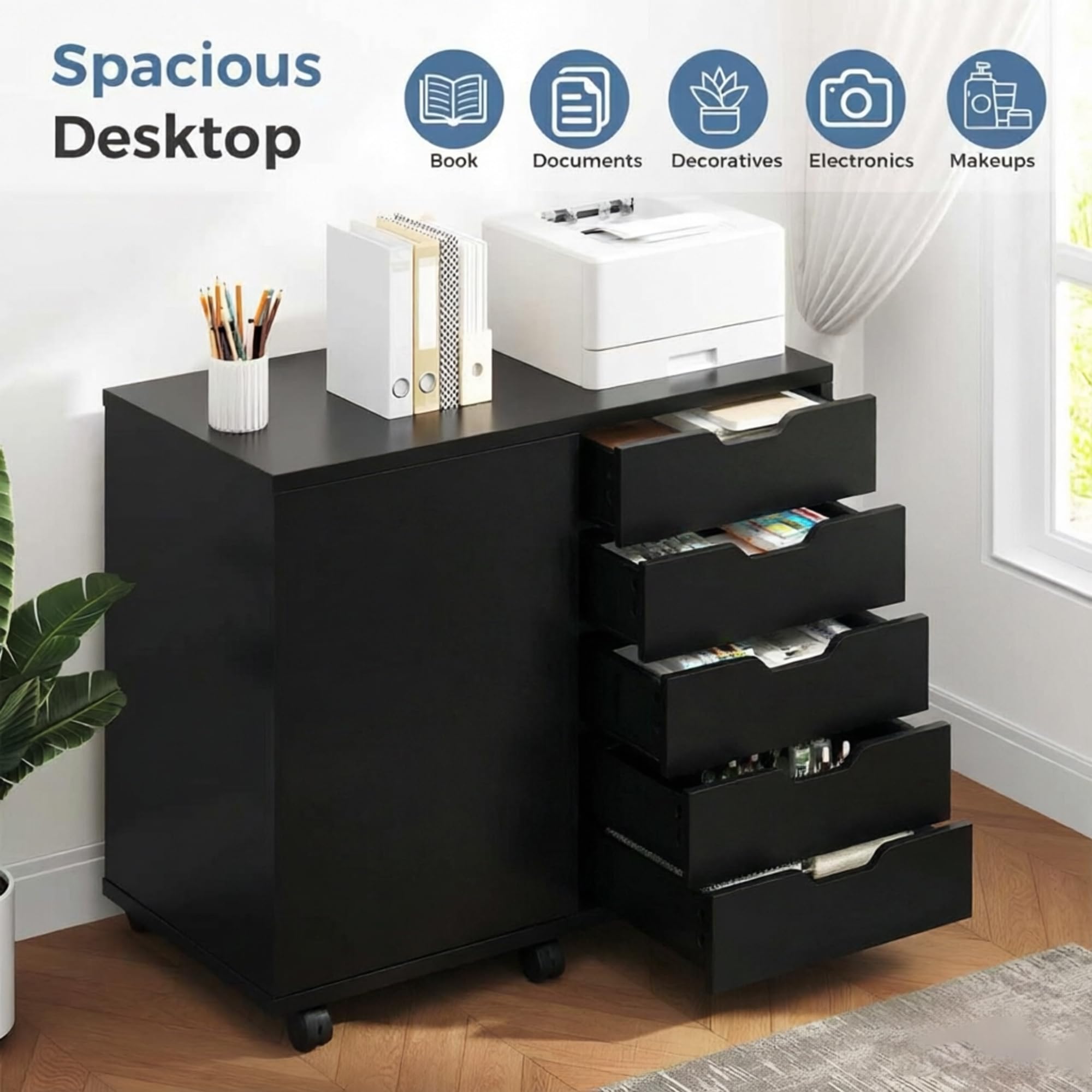 5-Drawer Rolling File Cabinet with Shelves & Door