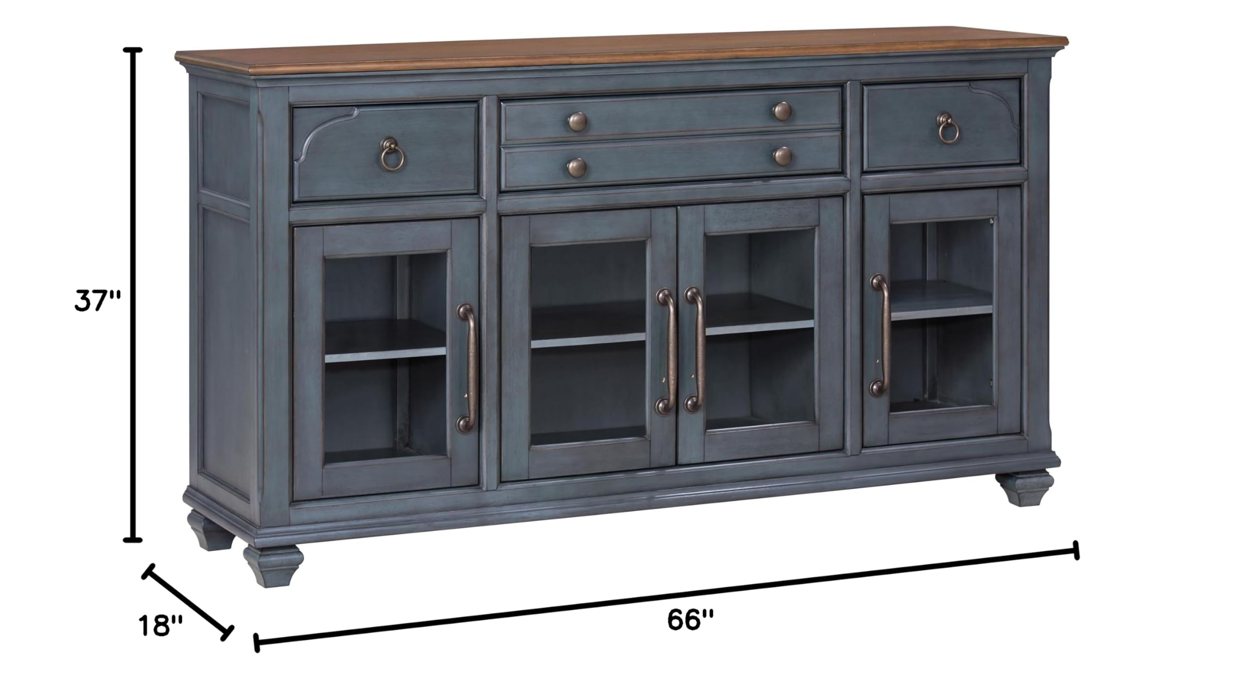 Bridgevine Home Americana Farmhouse Server Cabinet – 66” Wood Buffet Sideboard with Glass Doors, 3 Drawers & 4 Door Storage, Fully Assembled Dining Room Cabinet, Two-Tone Finish, Soft-Close Hinges