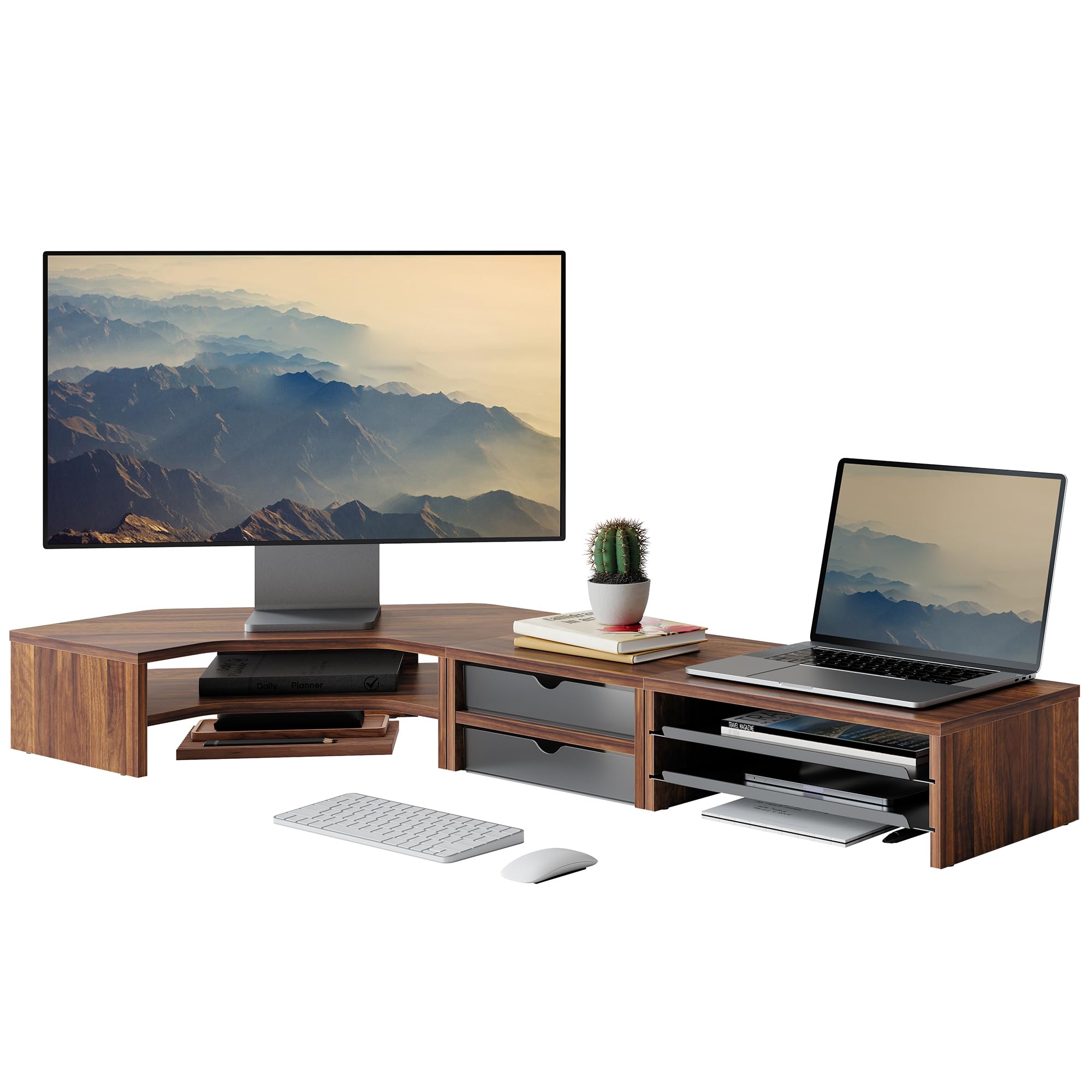 Corner Dual Monitor Stand with Drawer & Storage