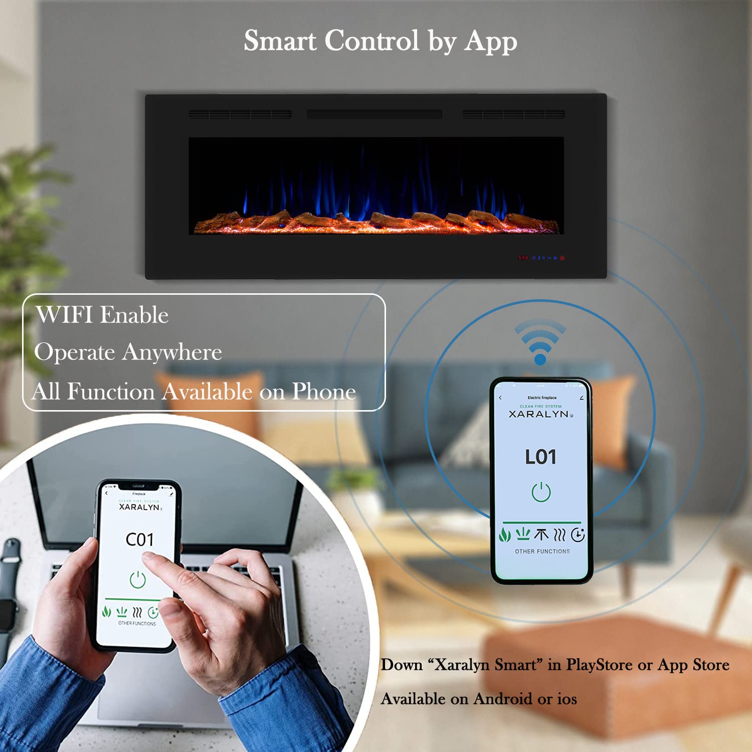 Masarflame 72 Inch WiFi Smart Electric Fireplace, Recessed and Wall Mount Fireplace Heater with 13 Flame &3 Top Light, Remote Control Fireplace with Timer &Thermostat, Black, Ventless, Work with Alex