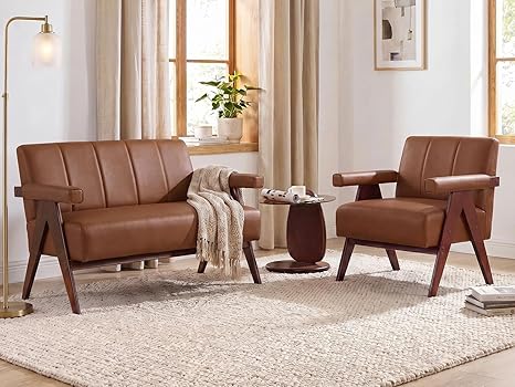 Faux Leather Loveseat Sofa & Accent Chair Set | Mid-Century Modern