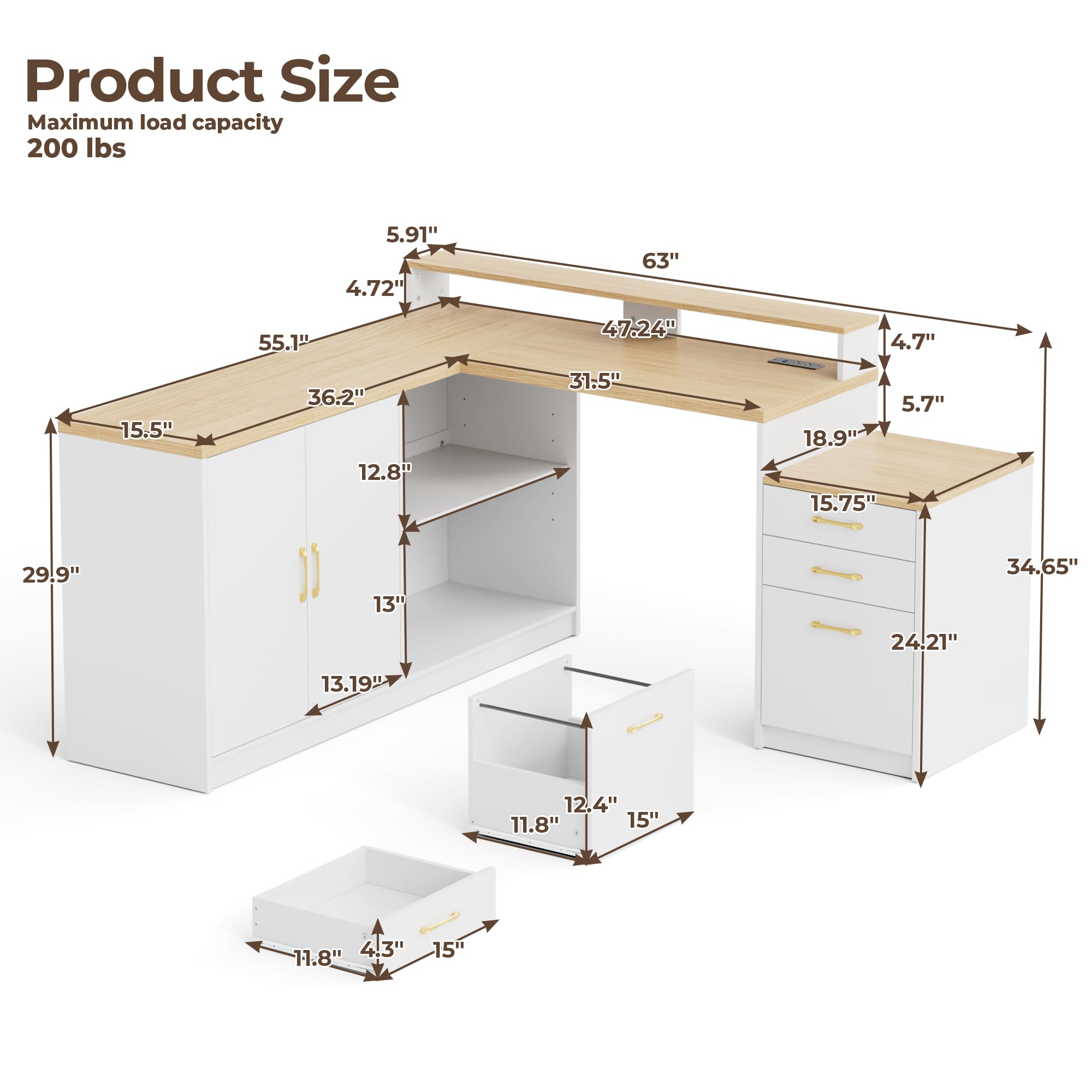 L-Shaped Desk with Storage Cabinet & Monitor Stand