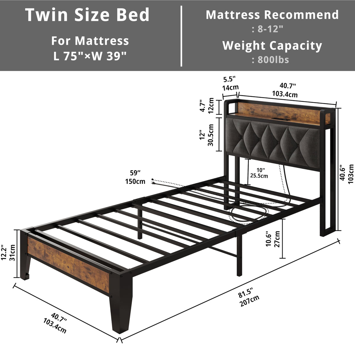 ANCTOR Twin Bed Frame, Storage Headboard with Charging Station