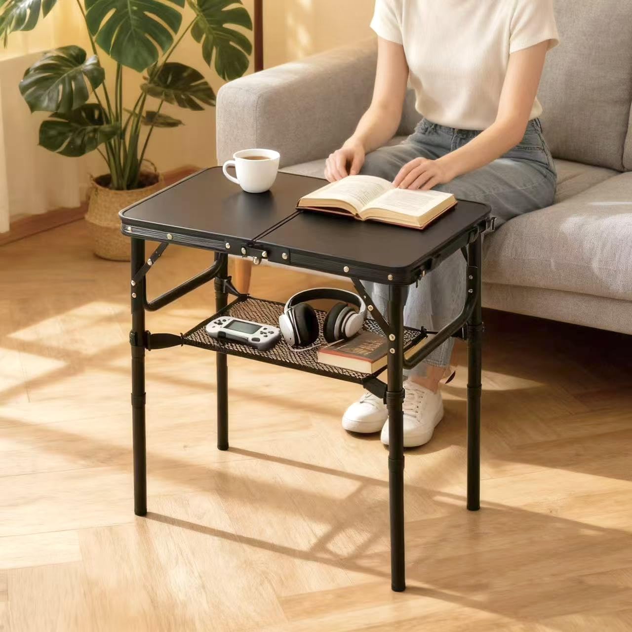 Folding TV Trays Foldable Dinner Tray Table Adjustable Height Food Snack Eating Couch Side Table Sturdy Aluminum Portable Sofa Tray End Table for Outdoor Indoor Camp Pinic Bed Couch Living Room(Black)