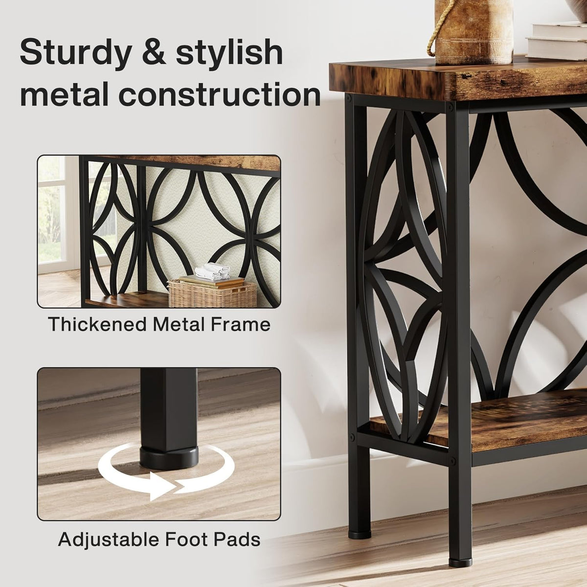 LITTLE TREE Sofa Table, 70.9 Inch Industrial Behind Couch Table with Storage Shelves, Narrow Long Console Table for Entryway, Living Room, Foyer, Hallway, Office