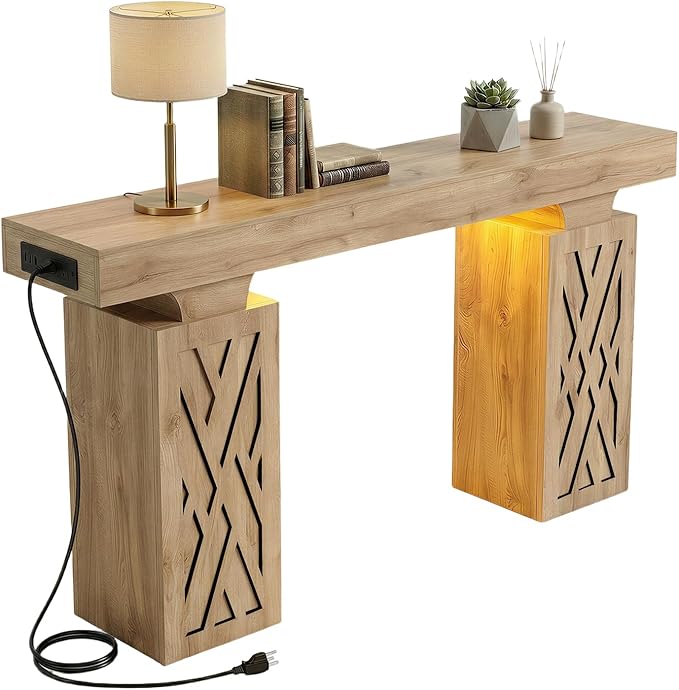 63-Inch Console Table with LED Lighting & Charging Station