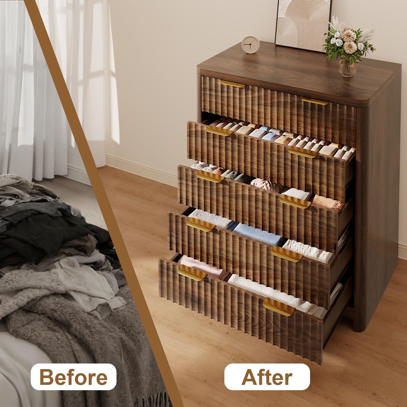 Varello Walnut Dresser for Bedroom with 5 Deep Drawers, 47" Tall Fluted Chest of Drawers with Storage & Round Corner, Mid Century Modern Closet Clothes Dresser, Wooden Storage Cabinet for Living Room