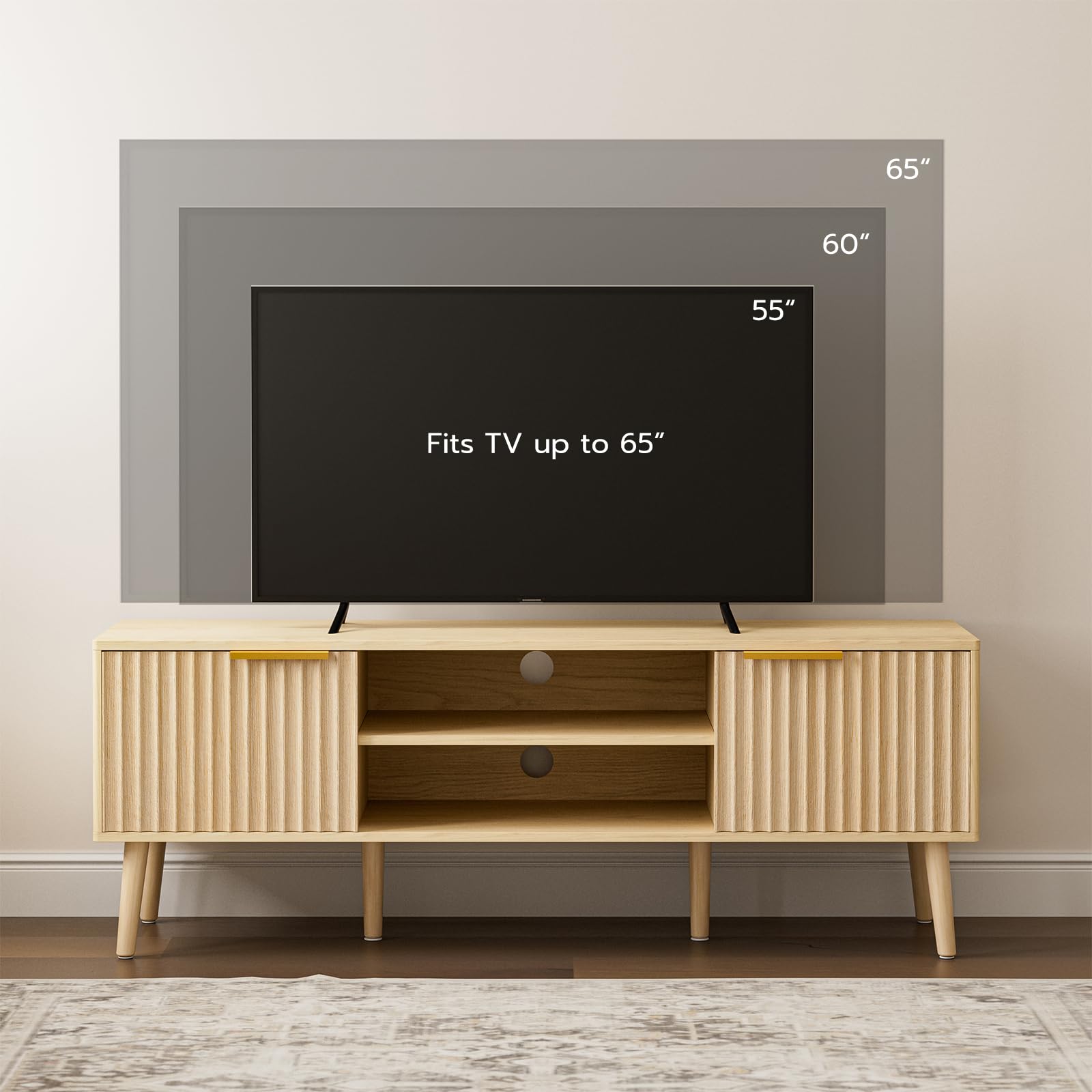 TV Stand with Fluted Door Cabinets & Open Shelves