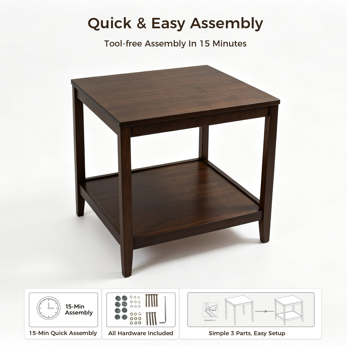Kelvorvin Square Side Table, Solid Wood End Table 2-Tier Small Coffee Table