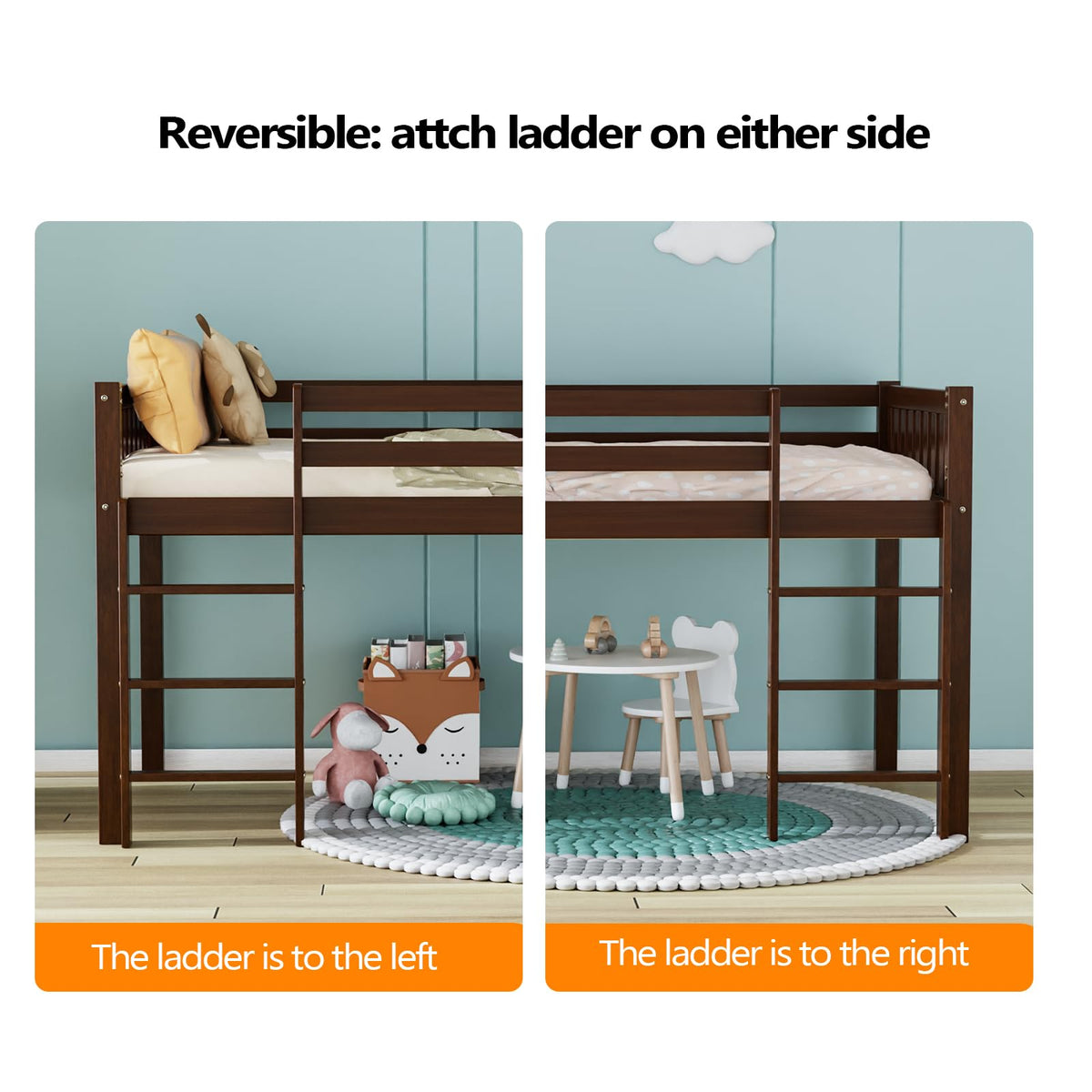JOYMOR Low Loft Bed Twin Size with Stairs, Wooden Loft Bed for Kids, Junior，Young Teens，Pine Wood Twin Bed Frame, Space-Saving Design, No Box Spring Needed, Espresso