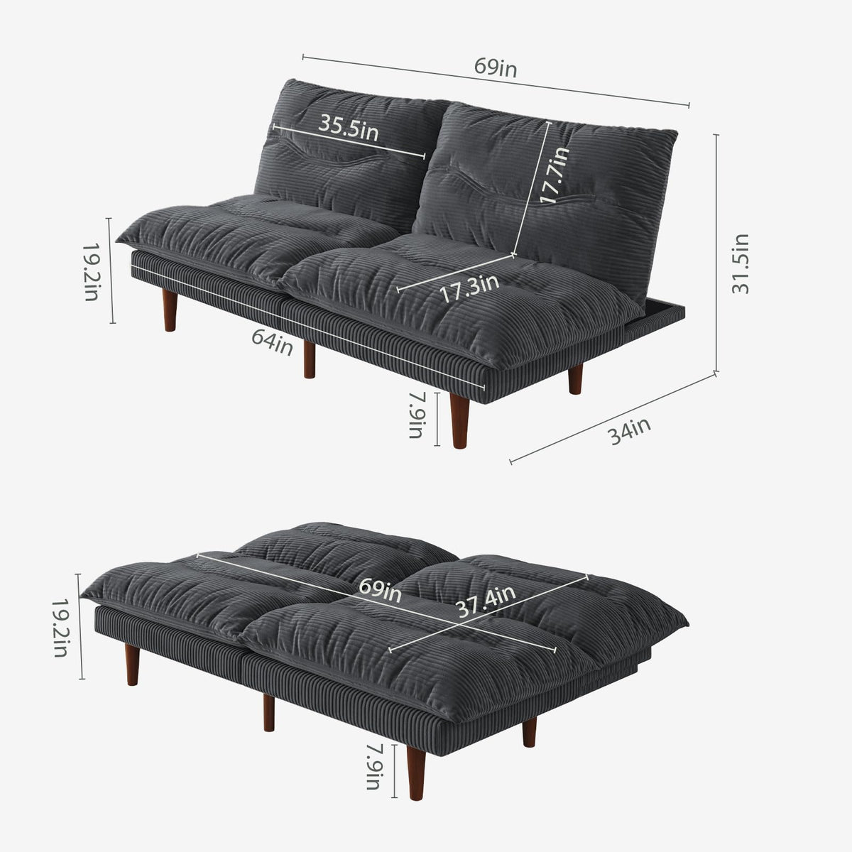 DreamDashio Futon Sofa Bed, 69 inch Futon Couch with Adjustable Backrest, Corduroy Convertible Sleeper Sofa Bed, Folding Sleeper Recliner for Apartment, Living Room, Office, Grey