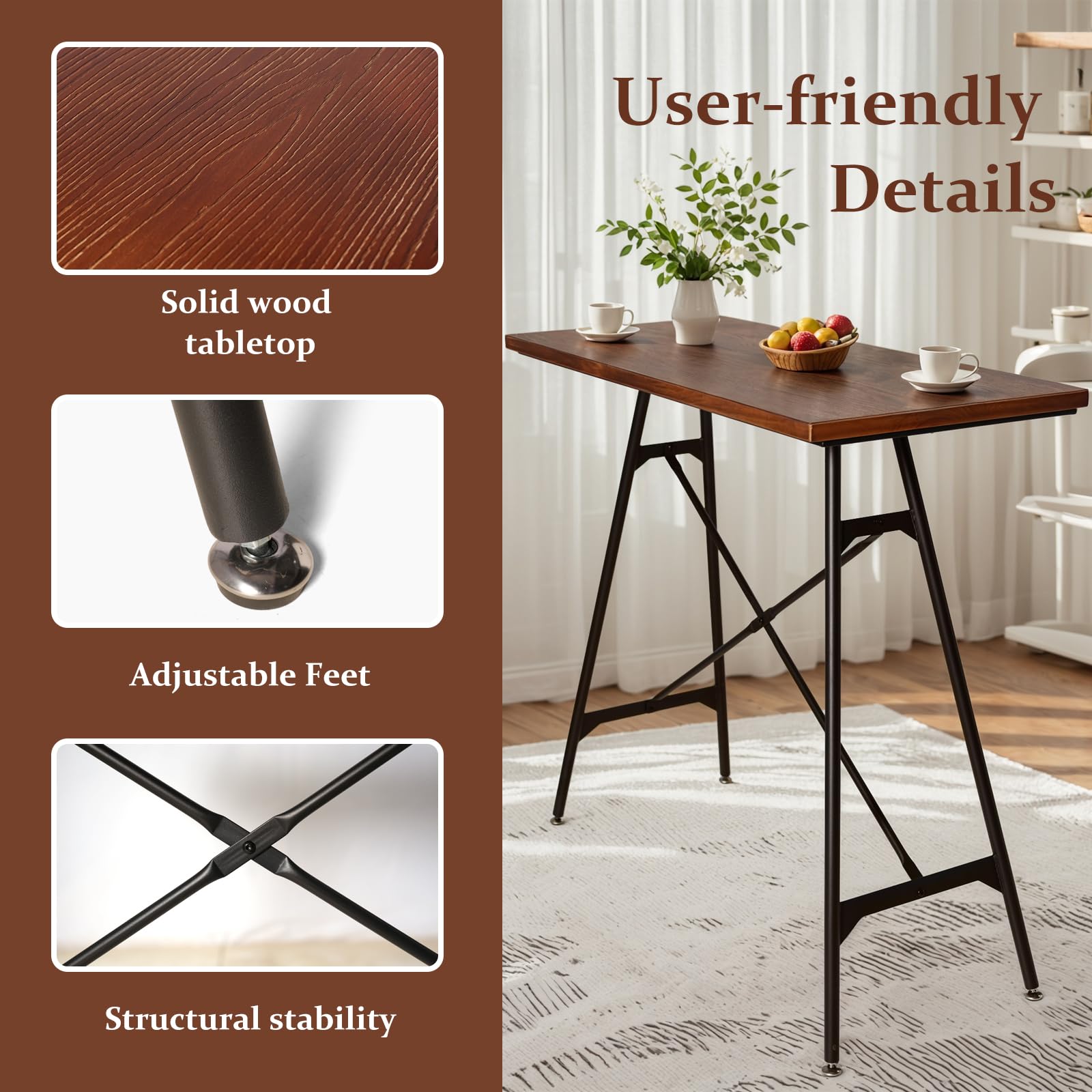 LOKKHAN Modern Industrial High Top Bar Table & Chairs Set with 2 Adjustable Swivel Stools - Black Metal Base & Brown Wood Top - Space-Saving Compact Home Pub Furniture, 45.3" L x 41.34" H