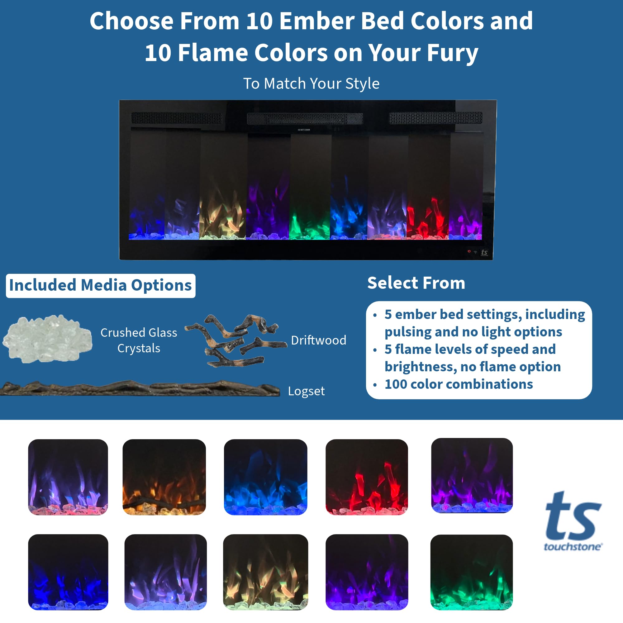 Touchstone Smart Electric Fireplace-The Fury 65" Wide- 4.5" Thin in Wall Recessed-100 Realistic Flame/Ember Bed Color Combos-1,500W Heater-Larger Viewing Area-Alexa/WiFi Enabled