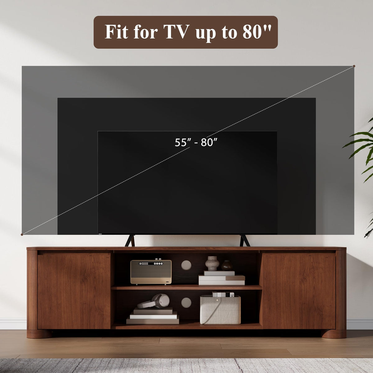 YANSNWO 70" TV Stand for TVs Up to 80" with Rounded Corners, Walnut