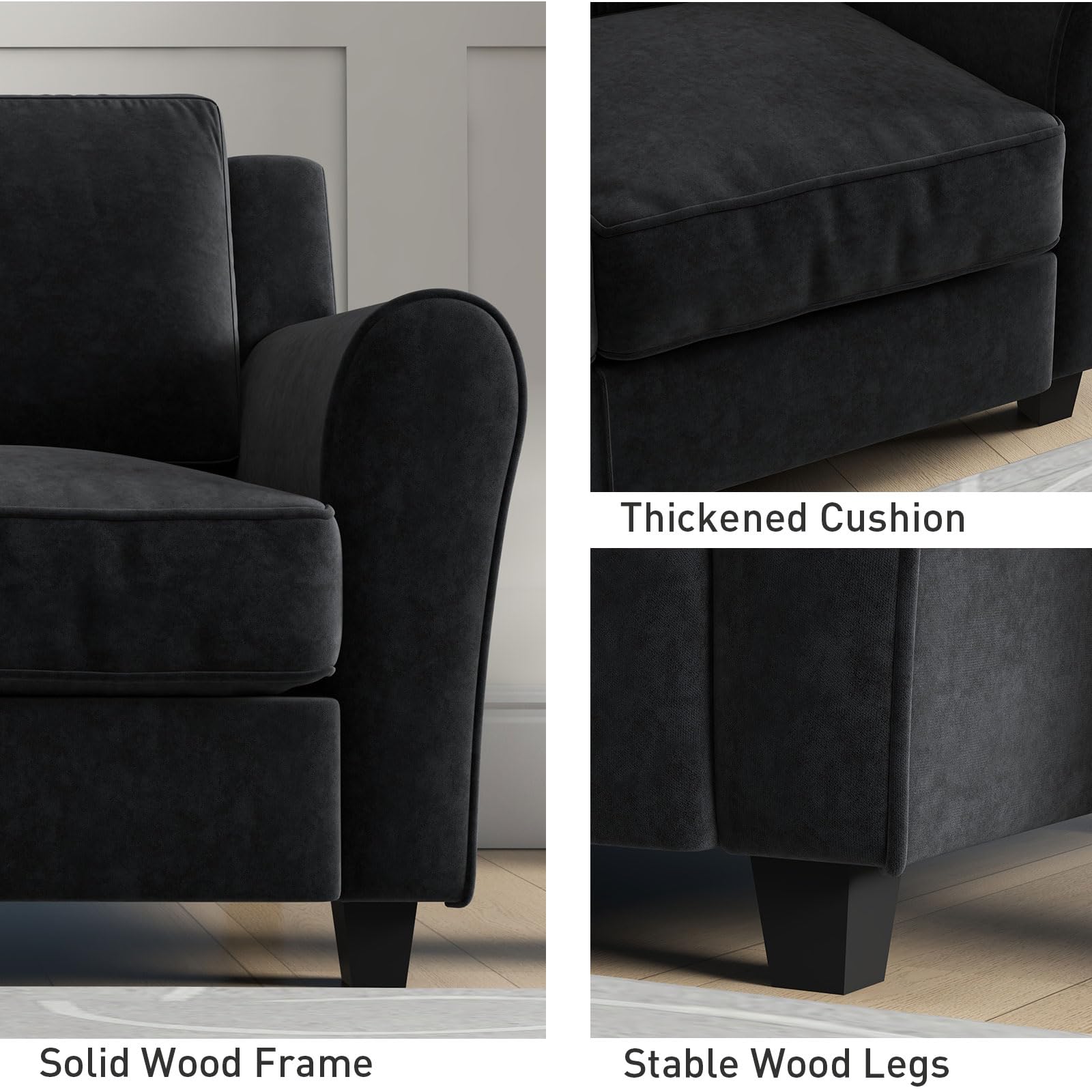 Bonzy Home 58" Black Loveseat Sofa Couch for Living Room, 2 Seater Love Seat for Small Spaces, Modern Couches with Thick Cushion for Home Apartment Office