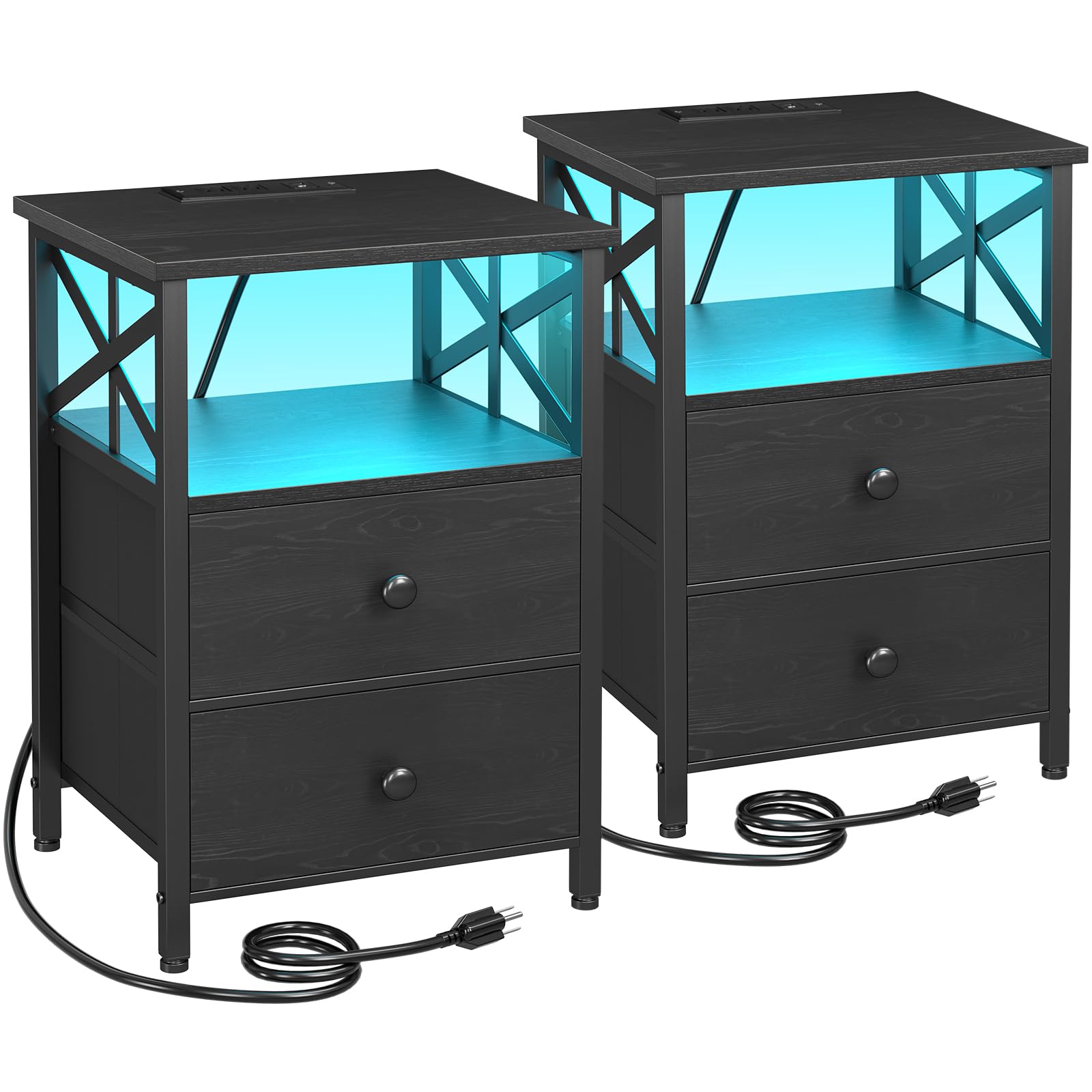 AMHANCIBLE Night Stand Set of 2 with Charging Station and LED Lights, Large 2-Drawer Bedside Tables with USB Ports and AC Outlets, Modern Nightstand for Bedroom, Black, HET052LBK