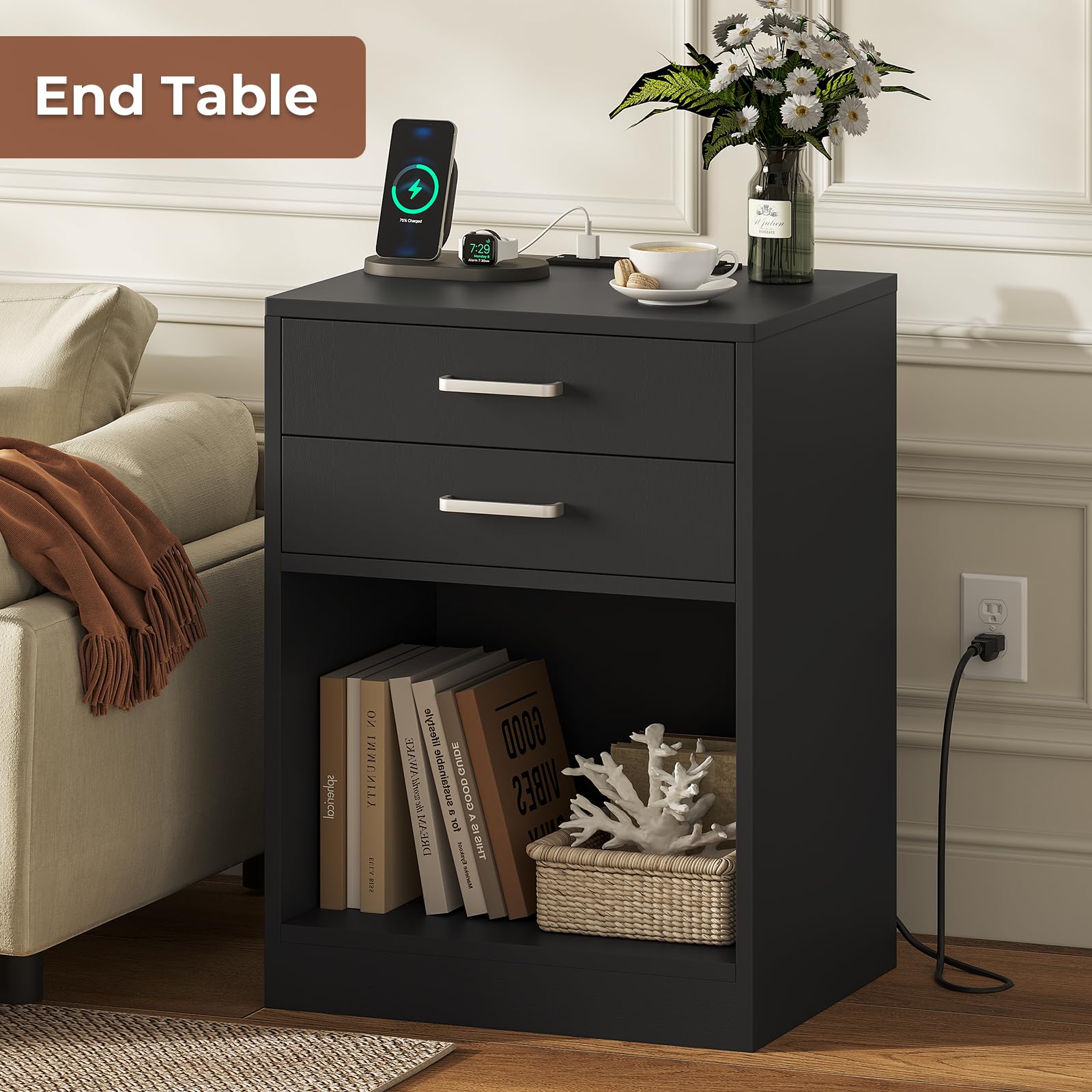 ADORNEVE Night Stand Set 2,Black Nightstand with Charging Station & Drawers,Night Stands for Bedrooms Set of 2,Bedside Table with Drawers